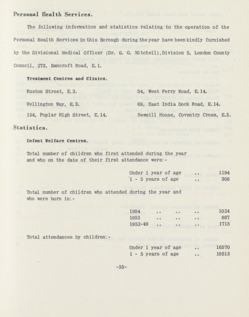 Personal Health Services. The following information and statistics relating to the operation of the Personal Health Services in this Borough during the year have been kindly furnished by the Divisional Medical Officer (Dr. G. O. Mitchell), Division 5, London County Council, 273, Bancroft Road, E. 1. Treatment Centres and Clinics. Ruston Street, E. 3. 54, West Perry Road, E. 14. Wellington Way, E. 3. 69, East India Dock Road, E. 14. 154, Poplar High Street, E.14. Newmill House, Coventry Cross, E.3. Statistics. Infant Welfare Centres. Total number of children who first attended during the year and who on the date of their first attendance were:- Under 1 year of age 1194 1-5 years of age 308 Total number of children who attended during the year and who were born in:- 1954 1024 1953 887 1952-49 1715 Total attendances by children:- Under 1 year of age 16570 1-5 years of age 10513 -55-