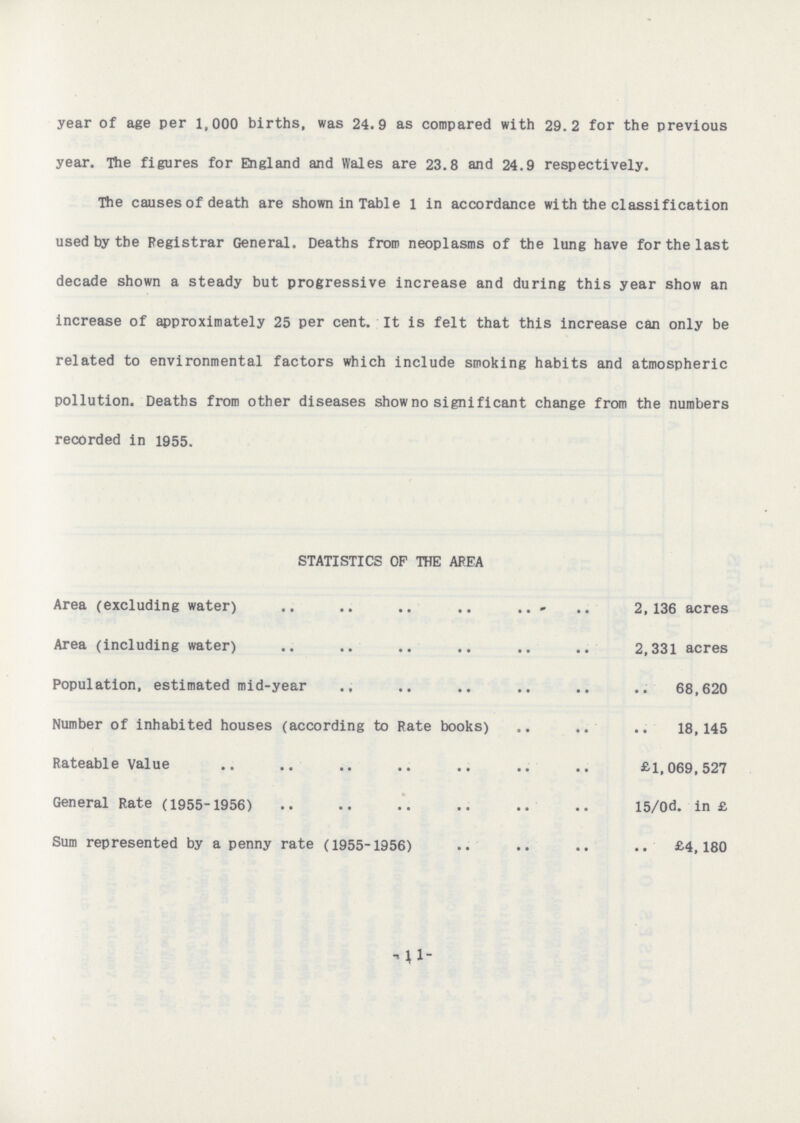 year of age per 1,000 births, was 24.9 as compared with 29.2 for the previous year. The figures for England and Wales are 23.8 and 24.9 respectively. The causes of death are shown in Table l in accordance with the classification used by the Registrar General. Deaths from neoplasms of the lung have for the last decade shown a steady but progressive increase and during this year show an increase of approximately 25 per cent. It is felt that this increase can only be related to environmental factors which include smoking habits and atmospheric pollution. Deaths from other diseases show no significant change from the numbers recorded in 1955. STATISTICS OF THE AREA Area (excluding water) 2,136 acres Area (including water) 2,331 acres Population, estimated mid-year 68,620 Number of inhabited houses (according to Rate books) 18,145 Rateable Value £1,069,527 General Rate (1955-1956) 15/0d. in £ Sum represented by a penny rate (1955-1956) £4,180 -11-