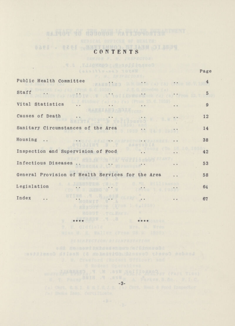 CONTENTS Page Public Health Committee 4 Staff 5 Vital Statistics 9 Causes of Death 12 Sanitary Circumstances of the Area 14 Housing 38 Inspection and Supervision of Food 42 Infectious Diseases 53 General Provision of Health Services for the Area 58 Legislation 64 Index 67 -3-