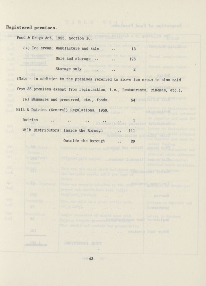 Registered premises. Food & Drugs Act, 1955, Section 16. (a) Ice cream; Manufacture and sale 13 Sale and storage 176 Storage only 2 (Note - in addition to the premises referred to above ice cream is also sold from 36 premises exempt from registration, i.e., Restaurants, Cinemas, etc.). (b) Sausages and preserved, etc., foods. 54 Milk & Dairies (General) Regulations. 1959. Dairies 1 Milk Distributors: Inside the Borough 1ll Outside the Borough 29 -43-