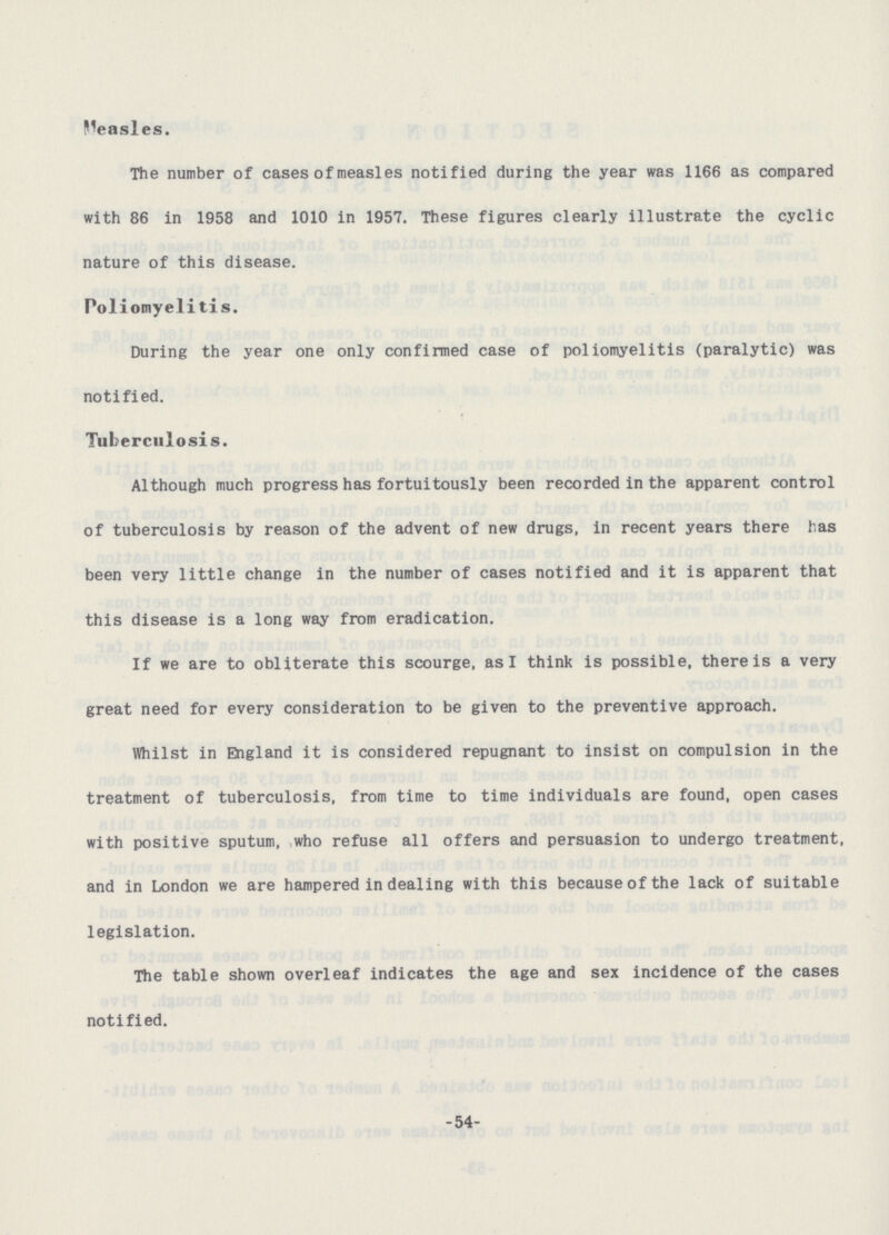 Measles. The number of cases of measles notified during the year was 1166 as compared with 86 in 1958 and 1010 in 1957. These figures clearly illustrate the cyclic nature of this disease. Poliomyelitis. During the year one only confirmed case of poliomyelitis (paralytic) was notified. Tuberculosis. Although much progress has fortuitously been recorded in the apparent control of tuberculosis by reason of the advent of new drugs, in recent years there has been very little change in the number of cases notified and it is apparent that this disease is a long way from eradication. If we are to obliterate this scourge, as I think is possible, there is a very great need for every consideration to be given to the preventive approach. Whilst in England it is considered repugnant to insist on compulsion in the treatment of tuberculosis, from time to time individuals are found, open cases with positive sputum, who refuse all offers and persuasion to undergo treatment, and in London we are hampered in dealing with this because of the lack of suitable legislation. The table shown overleaf indicates the age and sex incidence of the cases notified. -54-