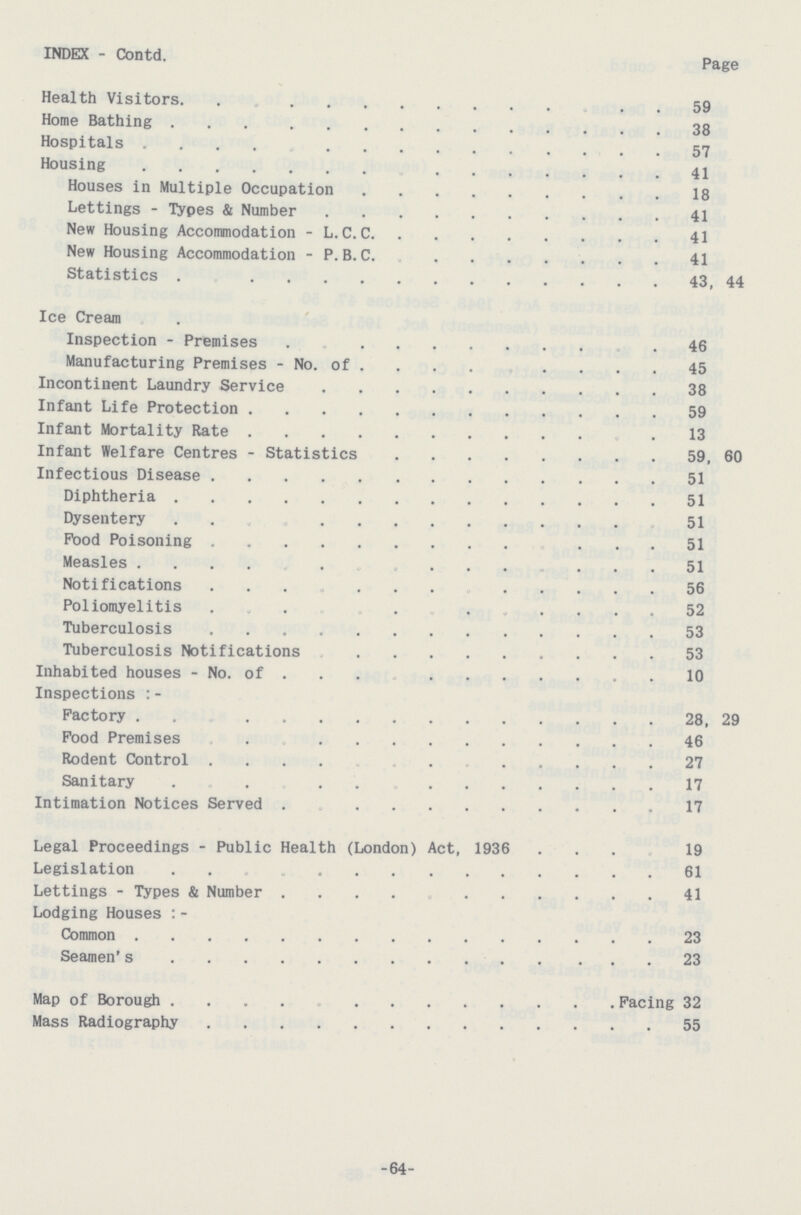 INDEX-Contd. Page Health Visitors 59 Home Bathing 38 Hospitals 57 Housing 41 Houses in Multiple Occupation 18 Lettings-Types & Number 41 New Housing Accommodation-L.C. C 41 New Housing Accommodation - P.B.C. 41 Statistics.43, 44 Ice Cream Inspection-Premises 46 Manufacturing Premises-No. of 45 Incontinent Laundry Service 38 Infant Life Protection 59 Infant Mortality Rate 13 Infant Welfare Centres-Statistics 59, 60 Infectious Disease 51 Diphtheria 51 Dysentery 51 Pood Poisoning 51 Measles 51 Notifications 56 Poliomyelitis 52 Tuberculosis 53 Tuberculosis Notifications 53 Inhabited houses-No. of 10 Inspections:- Factory 28, 29 Pood Premises 46 Rodent Control 27 Sanitary 17 Intimation Notices Served 17 Legal Proceedings-Public Health (London) Act, 1936 19 Legislation 61 Lettings-Types & Number 41 Lodging Houses:- Common 23 Seamen’s 23 Map of Borough Pacing 32 Mass Radiography 55 64