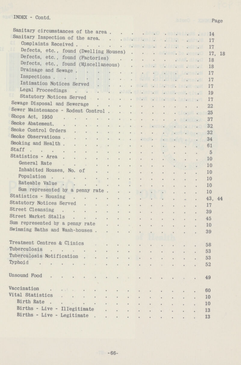INDEX-Contd. Page Sanitary circumstances of the area 14 Sanitary Inspection of the area 17 Complaints Received 17 Defects, etc., found (Dwelling Houses) 17, 18 Defects, etc., found (Factories) 18 Defects, etc., found (Miscellaneous) 18 Drainage and Sewage 17 Inspections 17 Intimation Notices Served 17 Legal Proceedings 19 Statutory Notices Served 17 Sewage Disposal and Sewerage 22 Sewer Maintenance-Rodent Control 25 Shops Act, 1950 37 Smoke Abatement 32 Smoke Control Orders 32 Smoke Observations 34 Smoking and Health 61 Staff 5 Statistics-Area 10 General Rate 10 Inhabited Houses, No. of 10 Population 10 Rateable Value 10 Sum represented by a penny rate 10 Statistics-Housing 43, 44 Statutory Notices Served 17 Street Cleansing 39 Street Market Stalls 45 Sum represented by a penny rate 10 Swimming Baths and Wash-houses 39 Treatment Centres & Clinics 58 Tuberculosis 53 Tuberculosis Notification 53 Typhoid 52 Unsound Pood 49 Vaccination 60 Vital Statistics 10 Birth Rate 10 Births-Live-Illegitimate 13 Births-Live-Legitimate 13 66