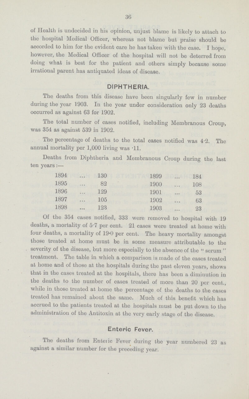 36 of Health is undecided in his opinion, unjust blame is likely to attach to the hospital Medical Officer, whereas not blame but praise should be accorded to him for the evident care he has taken with the case. I hope, however, the Medical Officer of the hospital will not be deterred from doing what is best for the patient and others simply because some irrational parent has antiquated ideas of disease. DIPHTHERIA. The deaths from this disease have been singularly few in number during the year 1903. In the year under consideration only 23 deaths occurred as against 63 for 1902. The total number of cases notified, including Membranous Croup, was 354 as against 539 in 1902. The percentage of deaths to the total cases notified was 4'2. The annual mortality per 1,000 living was -11. Deaths from Diphtheria and Membranous Croup during the last ten years:— 1894 130 1899 184 1895 82 1900 108 1896 129 1901 53 1897 105 1902 63 1898 123 1903 23 Of the 354 cases notified, 333 were removed to hospital with 19 deaths, a mortality of 5.7 per cent. 21 cases were treated at home with four deaths, a mortality of 19.0 per cent. The heavy mortality amongst those treated at home must be in some measure attributable to the severity of the disease, but more especially to the absence of the serum treatment. The table in which a comparison is made of the cases treated at home and of those at the hospitals during the past eleven years, shows that in the cases treated at the hospitals, there has been a diminution in the deaths to the number of cases treated of more than 20 per cent., while in those treated at home the percentage of the deaths to the cases treated has remained about the same. Much of this benefit which has accrued to the patients treated at the hospitals must be put down to the administration of the Antitoxin at the very early stage of the disease. Enteric Fever. The deaths from Enteric Fever during the year numbered 23 as against a similar number for the preceding year.