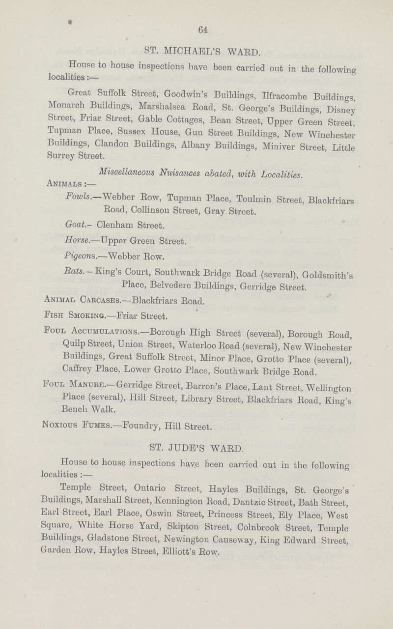 64 ST. MICHAEL'S WARD. House to house inspections have been carried out in the following localities:— Great Suffolk Street, Goodwin's Buildings, Ilfracombe Buildings, Monarch Buildings, Marshalsea Road, St. George's Buildings, Disney Street, Friar Street, Gable Cottages, Bean Street, Upper Green Street, Tupman Place, Sussex House, Gun Street Buildings, New Winchester Buildings, Clandon Buildings, Albany Buildings, Miniver Street, Little Surrey Street. Miscellaneous Nuisances abated, with Localities. Animals:— Fowls.—Webber Row, Tupman Place, Toulmin Street, Blackfriars Road, Collinson Street, Gray Street. Goat- Clenham Street. Horse.—Upper Green Street. Pigeons.—Webber Row. Rats. — King's Court, Southwark Bridge Road (several), Goldsmith's Place, Belvedere Buildings, Gerridge Street. Animal Carcases.—Blackfriars Road. Fish Smoking.—Friar Street. Foul Accumulations.—Borough High Street (several), Borough Road, Quilp Street, Union Street, Waterloo Road (several), New Winchester Buildings, Great Suffolk Street, Minor Place, Grotto Place (several), Caffrey Place, Lower Grotto Place, Southwark Bridge Road. Foul Manure.— Gerridge Street, Barron's Place, Lant Street, Wellington Place (several), Hill Street, Library Street, Blackfriars Road, King's Bench Walk. Noxious Fumes.—Foundry, Hill Street. ST. JUDE'S WARD. House to house inspections have been carried out in the following localities:— Temple Street, Ontario Street, Hayles Buildings, St. George's Buildings, Marshall Street, Kennington Road, Dantzic Street, Bath Street, Earl Street, Earl Place, Oswin Street, Princess Street, Ely Place, West Square, White Horse Yard, Skipton Street, Colnbrook Street, Temple Buildings, Gladstone Street, Newington Causeway, King Edward Street, Garden Row, Hayles Street, Elliott's Row.
