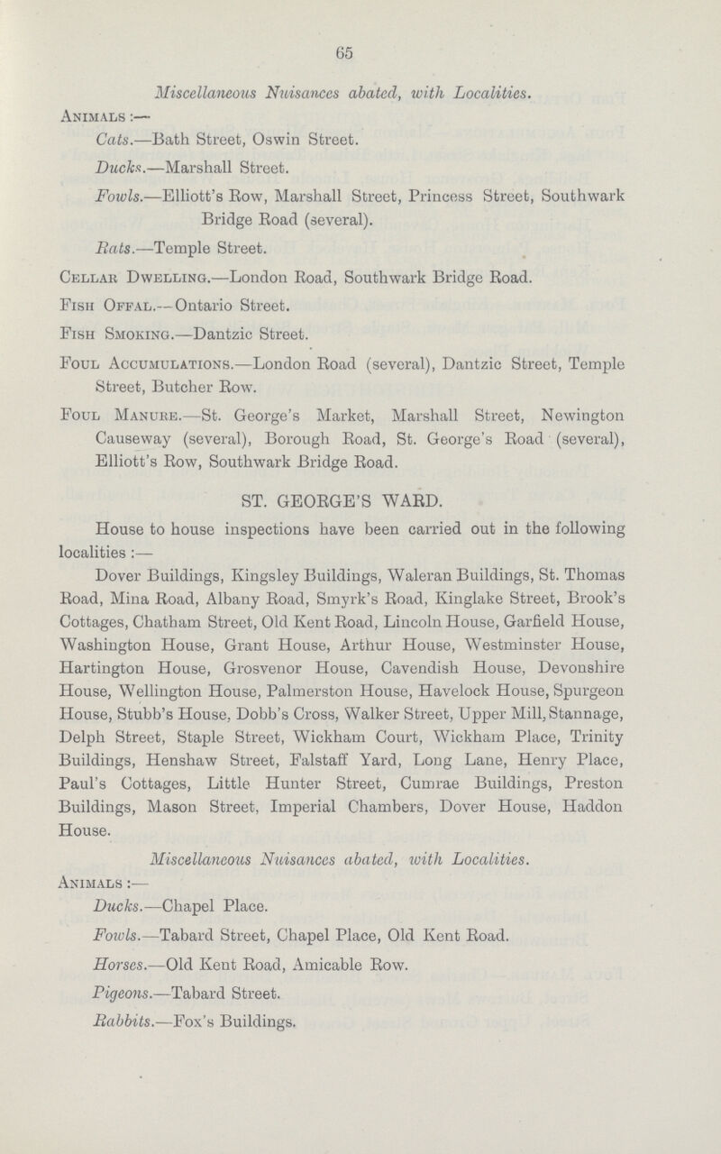 65 Miscellaneous Nuisances abated, with Localities. Animals:— Cats.—Bath Street, Oswin Street. Ducks.—Marshall Street. Fowls.—Elliott's Row, Marshall Street, Princess Street, Southwark Bridge Road (several). Bats.—Temple Street. Cellar Dwelling.—London Road, Southwark Bridge Road. Fish Offal.— Ontario Street. Fish Smoking.—Dantzic Street. Foul Accumulations.—London Road (several), Dantzic Street, Temple Street, Butcher Row. Foul Manure.—St. George's Market, Marshall Street, Newington Causeway (several), Borough Road, St. George's Road (several), Elliott's Row, Southwark Bridge Road. ST. GEORGE'S WARD. House to house inspections have been carried out in the following localities:— Dover Buildings, Kingsley Buildings, Waleran Buildings, St. Thomas Road, Mina Road, Albany Road, Smyrk's Road, Kinglake Street, Brook's Cottages, Chatham Street, Old Kent Road, Lincoln House, Garfield House, Washington House, Grant House, Arthur House, Westminster House, Hartington House, Grosvenor House, Cavendish House, Devonshire House, Wellington House, Palmerston House, Havelock House, Spurgeon House, Stubb's House, Dobb's Cross, Walker Street, Upper Mill,Stannage, Delph Street, Staple Street, Wickham Court, Wickham Place, Trinity Buildings, Henshaw Street, Falstaff Yard, Long Lane, Henry Place, Paul's Cottages, Little Hunter Street, Cumrae Buildings, Preston Buildings, Mason Street, Imperial Chambers, Dover House, Haddon House. Miscellaneous Nuisances abated, with Localities. Animals:— Ducks.—Chapel Place. Fowls.—Tabard Street, Chapel Place, Old Kent Road. Horses.—Old Kent Road, Amicable Row. Pigeons.—Tabard Street. Babbits.—Fox's Buildings.