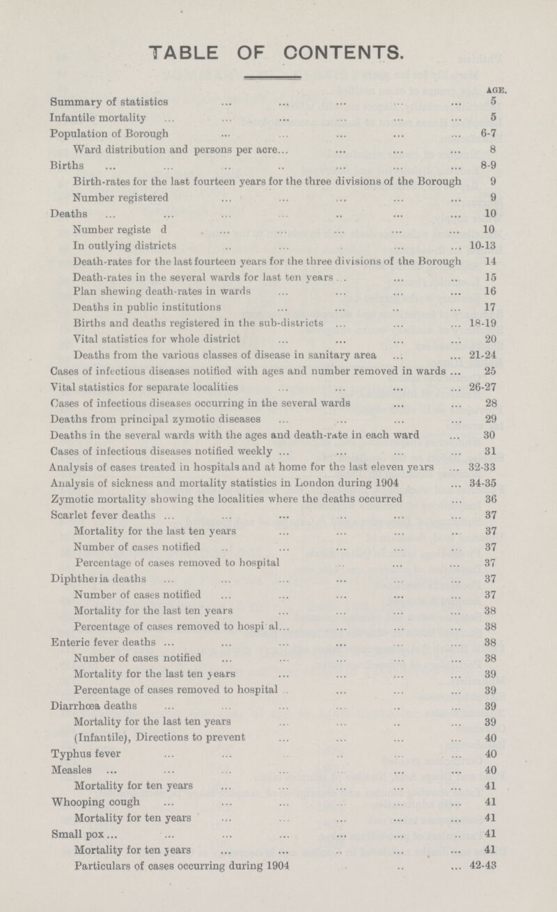 TABLE OF CONTENTS. AGE. Summary of statistics 5 Infantile mortality 5 Population of Borough 6-7 Ward distribution and persons per acre 8 Births 8-9 Birth-rates for the last fourteen years for the three divisions of the Borough 9 Number registered 9 Deaths 10 Number registered 10 In outlying districts 10-13 Death-rates for the last fourteen years for the three divisions of the Borough 14 Death-rates in the several wards for last ten years 15 Plan shewing death-rates in wards 16 Deaths in public institutions 17 Births and deaths registered in the sub-districts 18-19 Vital statistics for whole district 20 Deaths from the various classes of disease in sanitary area 21-24 Cases of infectious diseases notified with ages and number removed in wards 25 Vital statistics for separate localities 26-27 Gases of infectious diseases occurring in the several wards 28 Deaths from principal zymotic diseases 29 Deaths in the several wards with the ages and death-rate in each ward 30 Cases of infectious diseases notified weekly 31 Analysis of cases treated in hospitals and at home for the last eleven years 32-33 Analysis of sickness and mortality statistics in London during 1904 34-35 Zymotic mortality showing the localities where the deaths occurred 36 Scarlet fever deaths 37 Mortality for the last ten years 37 Number of cases notified 37 Percentage of cases removed to hospital 37 Diphtheria deaths 37 Number of cases notified 37 Mortality for the last ten years 38 Percentage of cases removed to hospital 38 Enteric fever deaths 38 Number of cases notified 38 Mortality for the last ten years 39 Percentage of cases removed to hospital 39 Diarrhoea deaths 39 Mortality for the last ten years 39 (Infantile), Directions to prevent 40 Typhus fever 40 Measles 40 Mortality for ten years 41 Whooping cough 41 Mortality for ten years 41 Smallpox 41 Mortality for ten years 41 Particulars of oases occurring during 1904 42-43