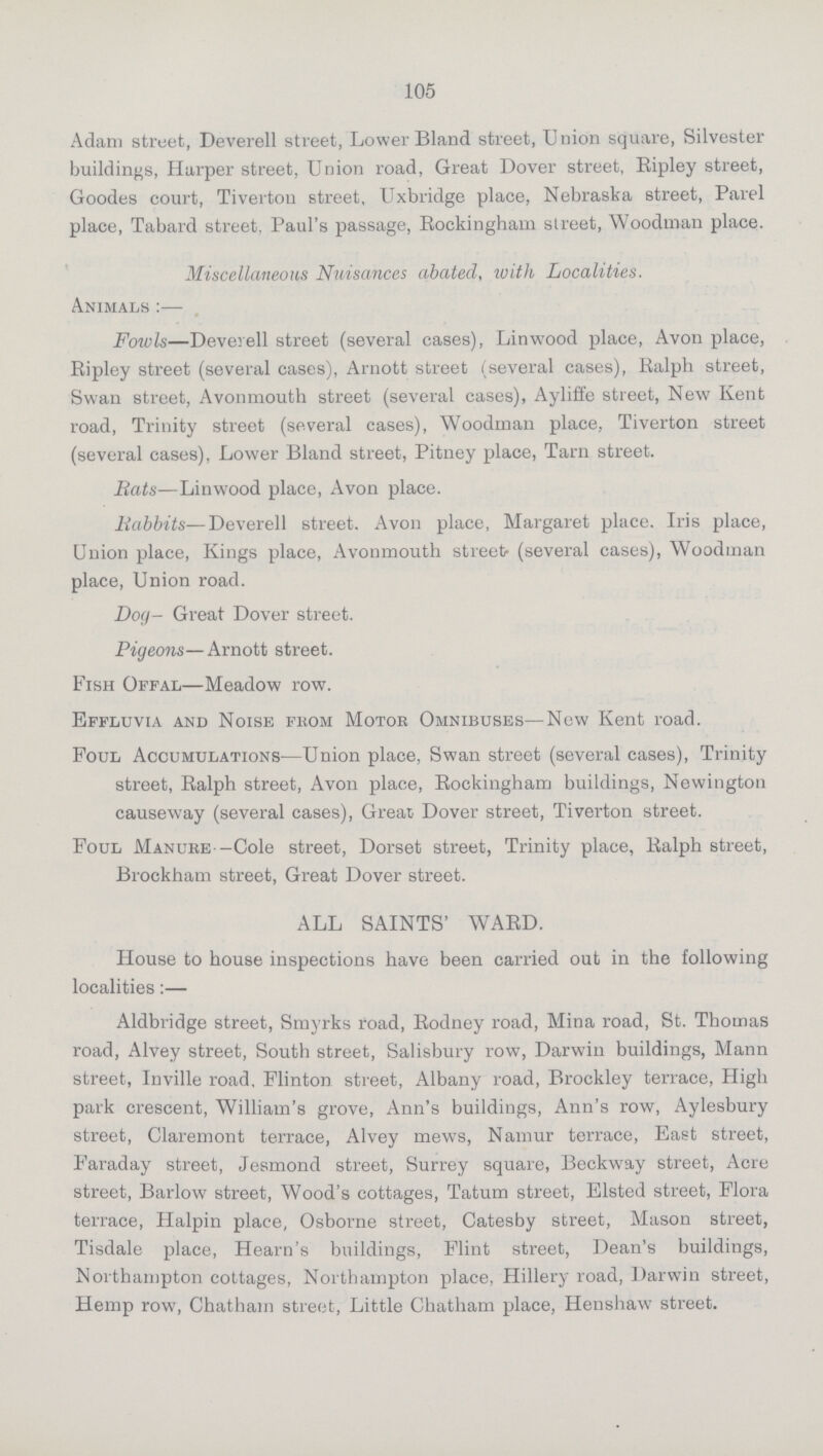 105 Adam street, Deverell street, Lower Bland street, Union square, Silvester buildings, Harper street, Union road, Great Dover street, Ripley street, Goodes court, Tiverton street, Uxbridge place, Nebraska street, Parel place, Tabard street. Paul's passage, Rockingham street, Woodman place. Miscellaneous Nuisances abated, with Localities. Animals:— Fowls—Deverell street (several cases), Linwood place, Avon place, Ripley street (several cases), Arnott street (several cases), Ralph street, Swan street, Avonmouth street (several cases), Ayliffe street, New Kent road, Trinity street (several cases), Woodman place, Tiverton street (several cases), Lower Bland street, Pitney place, Tarn street. Rats—Linwood place, Avon place. Babbits—Deverell street. Avon place, Margaret place. Iris place, Union place, Kings place, Avonmouth street (several cases), Woodman place, Union road. Dog- Great Dover street. Pigeons—Arnott street. Fish Offal—Meadow row. Effluvia and Noise feom Motor Omnibuses—New Kent road. Foul Accumulations—Union place, Swan street (several cases), Trinity street, Ralph street, Avon place, Rockingham buildings, Newington causeway (several cases), Great Dover street, Tiverton street. Foul Manuke -Cole street, Dorset street, Trinity place, Ralph street, Brockham street, Great Dover street. ALL SAINTS' WARD. House to house inspections have been carried out in the following localities:— Aldbridge street, Smyrks road, Rodney road, Mina road, St. Thomas road, Alvey street, South street, Salisbury row, Darwin buildings, Mann street, Inville road, Flinton street, Albany road, Brockley terrace, High park crescent, William's grove, Ann's buildings, Ann's row, Aylesbury street, Claremont terrace, Alvey mews, Namur terrace, East street, Faraday street, Jesmond street, Surrey square, Beckway street, Acre street, Barlow street, Wood's cottages, Tatum street, Elsted street, Flora terrace, Halpin place, Osborne street, Catesby street, Mason street, Tisdale place, Hearn's buildings, Flint street, Dean's buildings, Northampton cottages, Northampton place, Hillery road, Darwin street, Hemp row, Chatham street, Little Chatham place, Henshaw street.