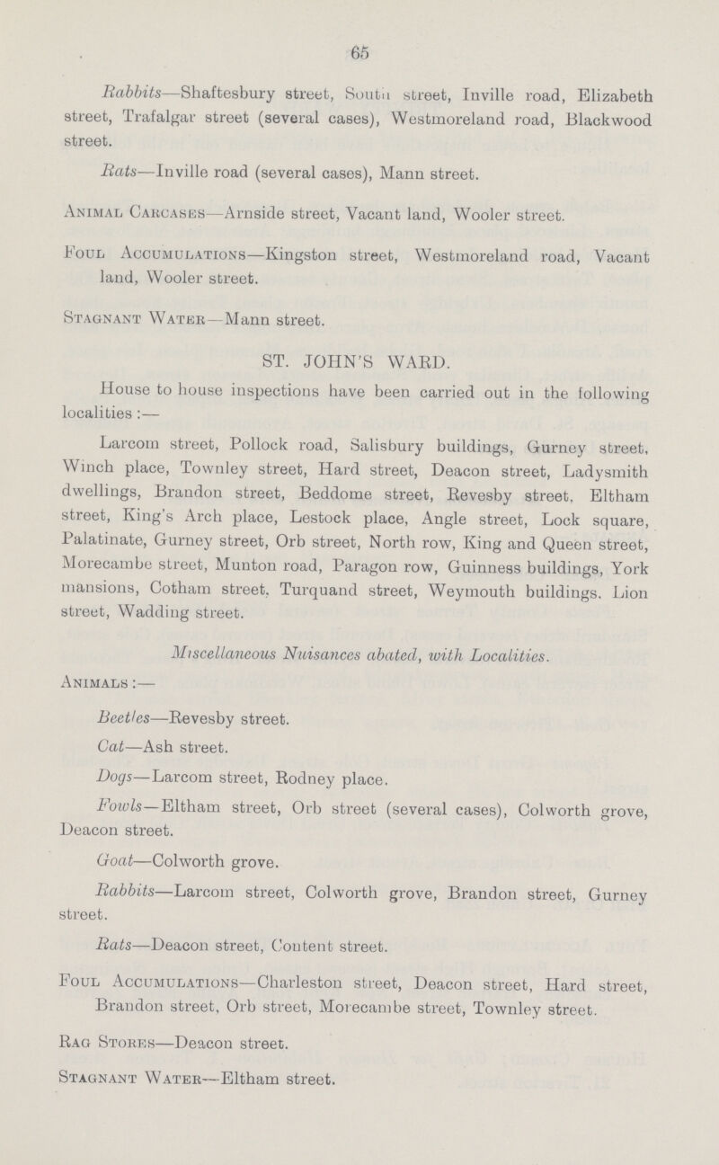 65 Rabbits—Shaftesbury street, South street, Inville road, Elizabeth street, Trafalgar street (several cases), Westmoreland road, Blackwood street. Bats—Inville road (several cases), Mann street. Animal Carcases—Arnside street, Vacant land, Wooler street. Foul Accumulations—Kingston street, Westmoreland road, Vacant land, Wooler street. Stagnant Water—Mann street. ST. JOHN'S WARD. House to house inspections have been carried out in the following localities:— Larcom street, Pollock road, Salisbury buildings, Gurney street. Winch place, Townley street, Hard street, Deacon street, Ladysmith dwellings, Brandon street, Beddome street, Revesby street, Eltham street, King's Arch place, Lestock place, Angle street, Lock square, Palatinate, Gurney street, Orb street, North row, King and Queen street, Morecambe street, Munton road, Paragon row, Guinness buildings, York mansions, Cotham street, Turquand street, Weymouth buildings. Lion street, Wadding street. Miscellaneous Nuisances abated, with Localities. Animals:— Beetles—Bevesby street. Cat—Ash street. Dogs—Larcom street, Rodney place. Fowls—Eltham street, Orb street (several cases), Colworth grove, Deacon street. Goat—Colworth grove. Rabbits—Larcoin street, Colworth grove, Brandon street, Gurney street. Bats—Deacon street, Content street. Foul Accumulations—Charleston street, Deacon street, Hard street, Brandon street. Orb street, Morecambe street, Townley street. Rag Stores—Deacon street. Stagnant Water—Eltham street.