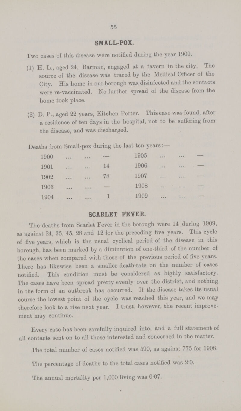 55 SMALL-POX. Two cases of this disease were notified during the year 1909. (1) H. L., aged 24, Barman, engaged at a tavern in the city. The source of the disease was traced by the Medical Officer of the City. His home in our borough was disinfected and the contacts were re-vaccinated. No further spread of the disease from the home took place. (2) D. P., aged 22 years, Kitchen Porter. This case was found, after a residence of ten days in the hospital, not to be suffering from the disease, and was discharged. Deaths from Small-pox during the last ten years:— 1900 — 1905 — 1901 11 1906 — 1902 78 1907 — 1903 — 1908 — 1904 1 1909 — SCARLET FEVER. The deaths from Scarlet Fever in the borough were 14 during 1909, as against 24, 35, 45, 28 and 12 for the preceding five years. This cycle of five years, which is the usual cyclical period of the disease in this borough, has been marked by a diminution of one-third of the number of the cases when compared with those of the previous period of five years. There has likewise been a smaller death-rate on the number of cases notified. This condition must be considered as highly satisfactory. The cases have been spread pretty evenly over the district, and nothing in the form of an outbreak has occurred. If the disease takes its usual course the lowest point of the cycle was reached this year, and we may therefore look to a rise next year. I trust, however, the recent improve ment may continue. Every case has been carefully inquired into, and a full statement of all contacts sent on to all those interested and concerned in the matter. The total number of cases notified was 590, as against 775 for 1908. The percentage of deaths to the total cases notified was 2.0. The annual mortality per 1,000 living was 0.07.