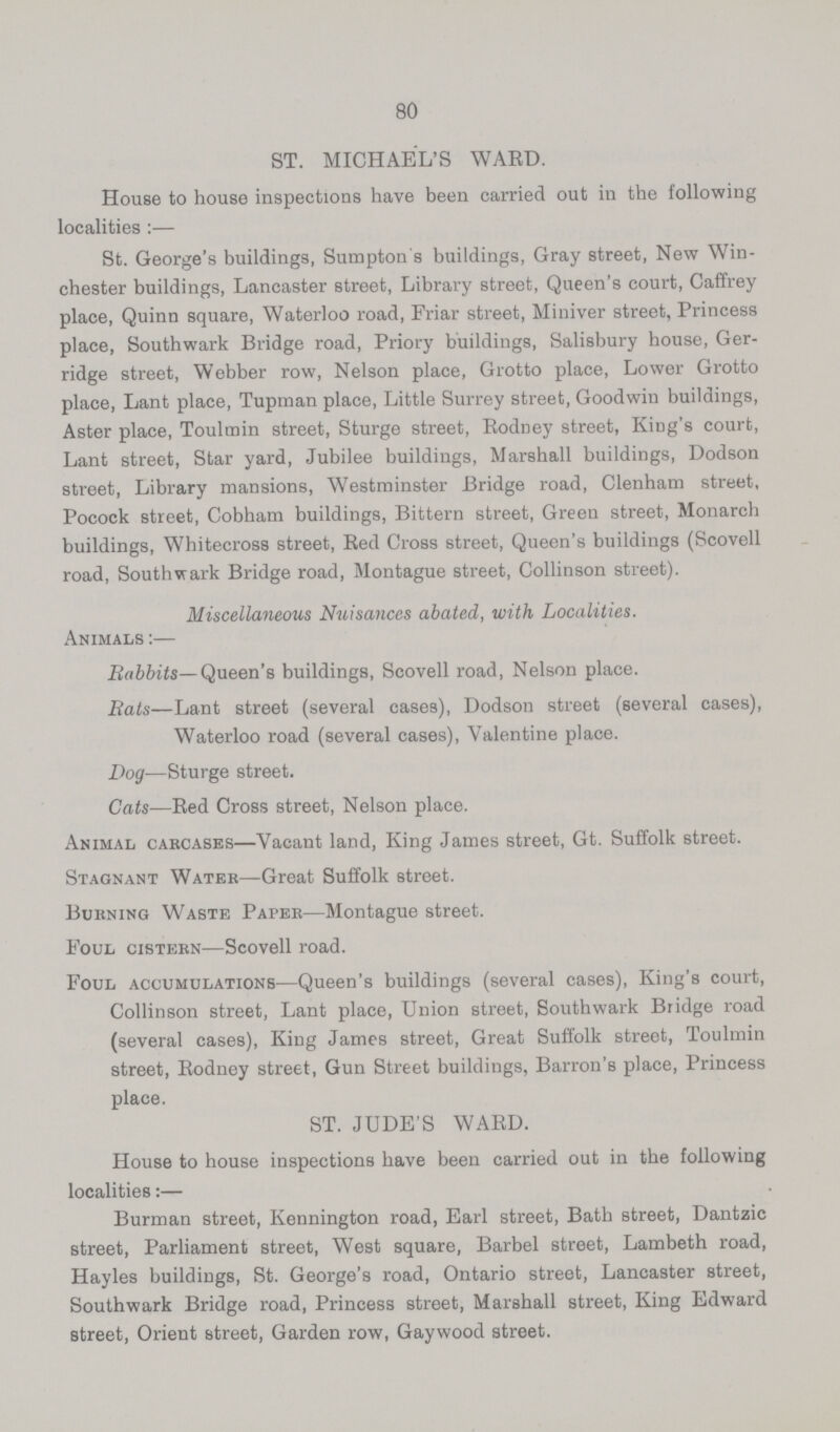 80 ST. MICHAEL'S WARD. House to house inspections have been carried out in the following localities:— St. George's buildings, Sumpton's buildings, Gray street, New Win chester buildings, Lancaster street, Library street, Queen's court, Caffrey place, Quinn square, Waterloo road, Friar street, Miniver street, Princess place, Southwark Bridge road, Priory buildings, Salisbury house, Ger ridge street, Webber row, Nelson place, Grotto place, Lower Grotto place, Lant place, Tupman place, Little Surrey street, Goodwin buildings, Aster place, Toulmin street, Sturge street, Rodney street, King's court, Lant street, Star yard, Jubilee buildings, Marshall buildings, Dodson street, Library mansions, Westminster Bridge road, Clenham street, Pocock street, Cobham buildings, Bittern street, Green street, Monarch buildings, Whitecross street, Red Cross street, Queen's buildings (Scovell road, Southwark Bridge road, Montague street, Collinson street). Miscellaneous Nuisances abated, with Localities. Animals:— Babbits— Queen's buildings, Scovell road, Nelson place. Bats—Lant street (several cases), Dodson street (several cases), Waterloo road (several cases), Valentine place. Dog—Sturge street. Cats—Red Cross street, Nelson place. Animal carcases—Vacant land, King James street, Gt. Suffolk street. Stagnant Water—Great Suffolk street. Burning Waste Paper—Montague street. Foul cistern—Scovell road. Foul accumulations—Queen's buildings (several cases), King's court, Collinson street, Lant place, Union street, Southwark Bridge road (several cases), King James street, Great Suffolk street, Toulmin street, Rodney street, Gun Street buildings, Barron's place, Princess place. ST. JUDE'S WARD. House to house inspections have been carried out in the following localities:— Burman street, Kennington road, Earl street, Bath street, Dantzic street, Parliament street, West square, Barbel street, Lambeth road, Hayles buildings, St. George's road, Ontario street, Lancaster street, Southwark Bridge road, Princess street, Marshall street, King Edward street, Orient street, Garden row, Gaywood street.