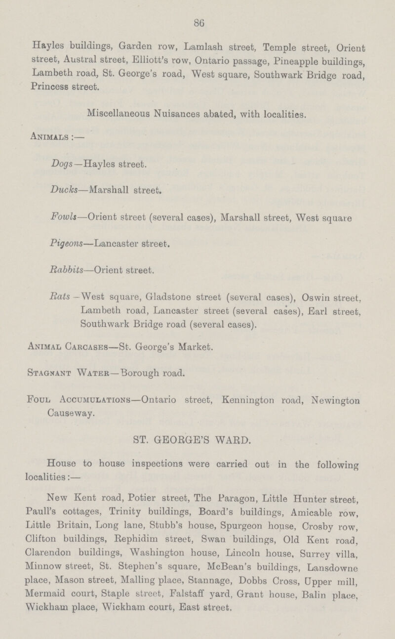 86 Hayles buildings, Garden row, Lamlash street, Temple street, Orient street, Austral street, Elliott's row, Ontario passage, Pineapple buildings, Lambeth road, St. George's road, West square, Southwark Bridge road, Princess street. Miscellaneous Nuisances abated, with localities. Animals:— Dogs —Hayles street. Ducks—Marshall street. Fowls—Orient street (several cases), Marshall street, West square Pigeons—Lancaster street. Rabbits—Orient street. Bats —West square, Gladstone street (several cases), Oswin street, Lambeth road, Lancaster street (several cases), Earl street, Southwark Bridge road (several cases). Animal Carcases—St. George's Market. Stagnant Water—Borough road. Foul Accumulations—Ontario street, Kennington road, Newington Causeway. ST. GEORGE'S WARD. House to house inspections were carried out in the following localities:— New Kent road, Potier street, The Paragon, Little Hunter street, Paull's cottages, Trinity buildings, Board's buildings, Amicable row, Little Britain, Long lane, Stubb's house, Spurgeon house, Crosby row, Clifton buildings, Rephidim street, Swan buildings, Old Kent road, Clarendon buildings, Washington house, Lincoln house, Surrey villa, Minnow street, St. Stephen's square, McBean's buildings, Lansdowne place, Mason street, Mailing place, Stannage, Dobbs Cross, Upper mill, Mermaid court, Staple street, Falstaff yard, Grant house, Balin place, Wickham place, Wickham court, East street.