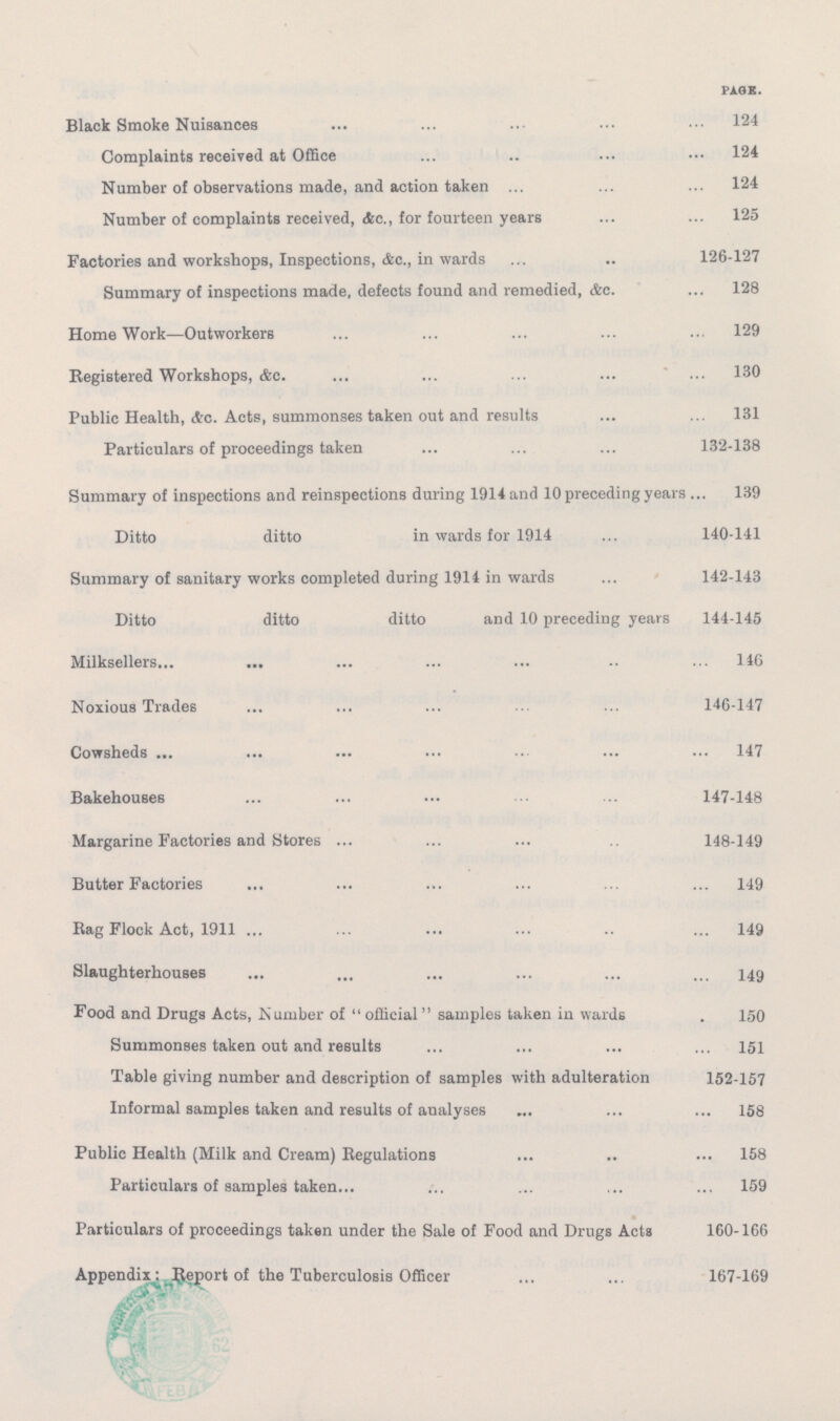 page. Black Smoke Nuisances 124 Complaints received at Office 124 Number of observations made, and action taken 124 Number of complaints received, &c., for fourteen years 125 Factories and workshops, Inspections, &c., in wards . 126-127 Summary of inspections made, defects found and remedied, &c. 128 Home Work—Outworkers 129 Registered Workshops, &c. 130 Public Health, &c. Acts, summonses taken out and results 131 Particulars of proceedings taken 132-138 Summary of inspections and reinspections during 1914 and 10 preceding years 139 Ditto ditto in wards for 1914 140-141 Summary of sanitary works completed during 1914 in wards 142-143 Ditto ditto ditto and 10 preceding years 144-145 Milksellers 146 Noxious Trades 146-147 Cowsheds 147 Bakehouses 147-148 Margarine Factories and Stores 148-149 Butter Factories 149 Bag Flock Act, 1911 149 Slaughterhouses 149 Food and Drugs Acts, Number of  official samples taken in wards 150 Summonses taken out and results 151 Table giving number and description of samples with adulteration 152-157 Informal samples taken and results of analyses 158 Public Health (Milk and Cream) Regulations 158 Particulars of samples taken 159 Particulars of proceedings taken under the Sale of Food and Drugs Acta 160-166 Appendix: Report of the Tuberculosis Officer 167-169