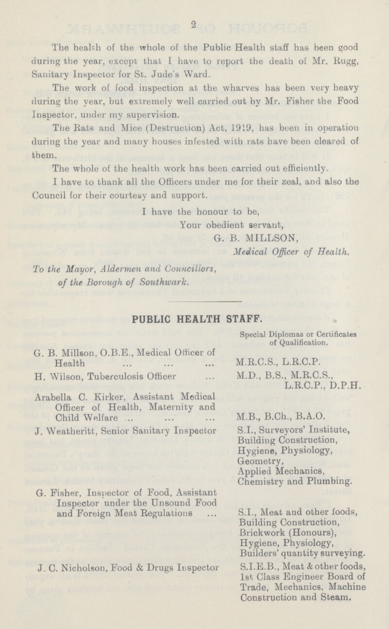 2 The health of the whole of the Public Health staff has been good during the year, except that I have to report the death of Mr. Rugg, Sanitary Inspector for St. Jude's Ward. The work of food inspection at the wharves has been very heavy during the year, but extremely well carried out by Mr. Fisher the Food Inspector, under my supervision. The Eats and Mice (Destruction) Act, 1919, has been in operation during the year and many houses infested with rats have been cleared of them. The whole of the health work has been carried out efficiently. I have to thank all the Officers under me for their zeal, and also the Council for their courtesy and support. I have the honour to be, Your obedient servant, G. B. MILLSON, Medical Officer of Health. To the Mayor, Aldermen and Councillors, of the Borough of Southwark. PUBLIC HEALTH STAFF. Special Diplomas or Certificates of Qualification. G. B. Millson, O.B.E., Medical Officer of Health M.B.C.S., L.B.C.P. H. Wilson, Tuberculosis Officer M.D., B.S., M.B.C.S., L.B.C.P., D.P.H. Arabella C. Kirker, Assistant Medical Officer of Health, Maternity and Child Welfare M.B., B.Ch., B.A.O. J. Weatheritt, Senior Sanitary Inspector S.I., Surveyors' Institute, Building Construction, Hygiene, Physiology, Geometry, Applied Mechanics, Chemistry and Plumbing. G. Fisher, Inspector of Food, Assistant Inspector under the Unsound Food and Foreign Meat Begulations S.I., Meat and other foods, Building Construction, Brickwork (Honours), Hygiene, Physiology, Builders' quantity surveying. J. C. Nicholson, Food & Drugs Inspector S.I.E.B., Meat & other foods, 1st Class Engineer Board of Trade, Mechanics, Machine Construction and Steam.