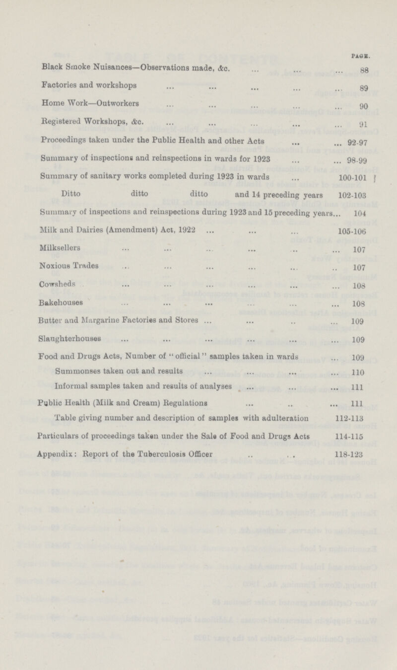 Page. Black Smoke Nuisances—Obaervations made, &c.88 Factories and workshops 89 Home Work—Outworkers 90 Begiatered Workshops, &c. 91 Proceedings taken under the Public Health and other Acts 92-97 Summary of inspections and reinspections in wards for 1923 98-99 Summary of sanitary works completed during 1923 in wards 100-101 Ditto ditto ditto and 14 preceding years 102-103 Summary of inspections and reinspections during 1923and 15 preceding years 104 Milk and Dairiea (Amendment) Act, 1922 105-106 Milksellers 107 NoxiousTrades 107 Cowsheds 108 Bakehouses108 Butter and Margarine Factories and Stores 109 Slaughterhouses 109 Food and Drugs Acts, Number of official samples taken in wards 109 Summonses taken out and results 110 Informal samples taken and results of analyses 111 Public Health (Milk and Cream) Regulations 1ll Table giving number and description of samples with adulteration 112-113 Particulars of proceedings taken under the Sal# of Food and Drugs Acts 114-115 Appendix: Report of the Tuberculosis Officer 118-123