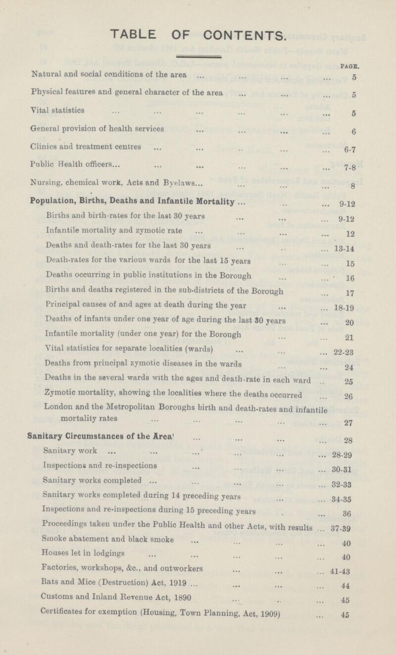 TABLE OF CONTENTS. PAGE. Natural and social conditions of the area 5 Physical features and general character of the area 5 Vital statistics 5 General provision of health services 6 Clinics and treatment centres 6.7 Public Health officers 7.8 Nursing, chemical work. Acts and Byelaws 8 Population, Births, Deaths and Infantile Mortality 9.12 Births and birth.rates for the last 30 years 9.12 Infantile mortality and zymotic rate 12 Deaths and death.rates for the last 30 years 13.14 Death.rates for the various wards for the last 15 years 15 Deaths occurring in public institutions in the Borough 16 Births and deaths registered in the sub.districts of the Borough 17 Principal causes of and ages at death during the year 18.19 Deaths of infants under one year of age during the last 30 years 20 Infantile mortality (under one year) for the Borough 21 Vital statistics for separate localities (wards) 22.23 Deaths from principal zymotic diseases in the wards 24 Deaths in the several wards with the ages and death.rate in each ward 25 Zymotic mortality, showing the localities where the deaths occurred 26 London and the Metropolitan Boroughs birth and death.rates and infantile mortality rates 27 Sanitary Circumstances of the Area 28 Sanitary work 28.29 Inspections and re.inspections 30.31 Sanitary works completed 32.33 Sanitary works completed during 14 preceding years 34.35 Inspections and re.inspections during 15 preceding years . 36 Proceedings taken under the Public Health and other Acts, with results 37.39 Smoke abatement and black smoke 40 Houses let in lodgings 40 Factories, workshops, &c., and outworkers 41.43 Bats and Mice (Destruction) Act, 1919 44 Customs and Inland Revenue Act, 1890 45 Certificates for exemption (Housing, Town Planning, Act, 1909) 45