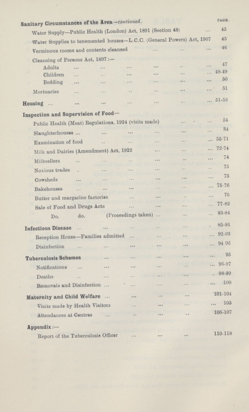 Sanitary Circumstances of the Area—continued. page. Water Supply—Public Health (London) Act, 1891 (Section 48) 45 Water Supplies to tenemented houses—L.C.C. (General Powers) Act, 1907 45 Verminous rooms and contents cleansed 46 Cleansing of Persons Act, 1897:— Adults 47 Children 48.49 Bedding 50 Mortuaries 51 Housing 51.53 Inspection and Supervision of Food— Public Health (Meat) Regulations, 1924 (visits made) 54 Slaughterhouses 54 Examination of food 55.71 Milk and Dairies (Amendment) Act, 1922 72.74 Milksellers 74 Noxious trades 75 Cowsheds 75 Bakehouses 75.76 Butter and margarine factories 76 Sale of Food and Drugs Acts 77.82 Do. do. (Proceedings taken) 83.84 Infectious Disease 85.91 Reception House—Families admitted 92.93 Disinfection 94 95 Tuberculosis Schemes 95 Notifications 96.97 Deaths 98.99 Removals and Disinfection 100 Maternity and Child Welfare 101.104 Visits made by Health Visitors 105 Attendances at Centres 106.107 Appendix:— Report of the Tuberculosis Officer 110.118
