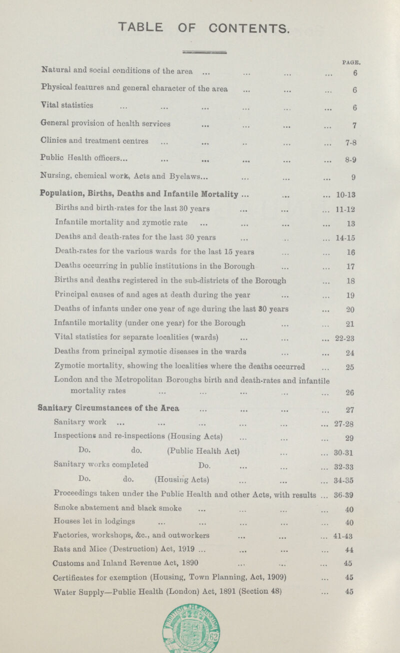 TABLE OF CONTENTS. Page. Natural and social conditions of the area 6 Physical features and general character of the area 6 Vital statistics 6 General provision of health services 7 Clinics and treatment centres 7-8 Public Health officers 8-9 Nursing, chemical work, Acts and Byelaws 9 Population, Births, Deaths and Infantile Mortality 10-13 Births and birth-rates for the last 30 years 11-12 Infantile mortality and zymotic rate 13 Deaths and death-rates for the last 30 years 14-15 Death-rates for the various wards for the last 15 years 16 Deaths occurring in public institutions in the Borough 17 Births and deaths registered in the sub-districts of the Borough 18 Principal causes of and ages at death during the year 19 Deaths of infants under one year of age during the last 30 years 20 Infantile mortality (under one year) for the Borough 21 Vital statistics for separate localities (wards) 22-23 Deaths from principal zymotic diseases in the wards 24 Zymotic mortality, showing the localities where the deaths occurred 25 London and the Metropolitan Boroughs birth and death-rates and infantile mortality rates 26 Sanitary Circumstances of the Area 27 Sanitary work 27-28 Inspections and re-inspections (Housing Acts) 29 Do. do. (Public Health Act) 30-31 Sanitary works completed Do. 32-33 Do. do. (Housing Acts) 34-35 Proceedings taken under the Public Health and other Acts, with results 36-39 Smoke abatement and black smoke 40 Houses let in lodgings 40 Factories, workshops, &c., and outworkers 41-43 Bats and Mice (Destruction) Act, 1919 44 Customs and Inland Revenue Act, 1890 45 Certificates for exemption (Housing, Town Planning, Act, 1909) 45 Water Supply—Public Health (London) Act, 1891 (Section 48) 45