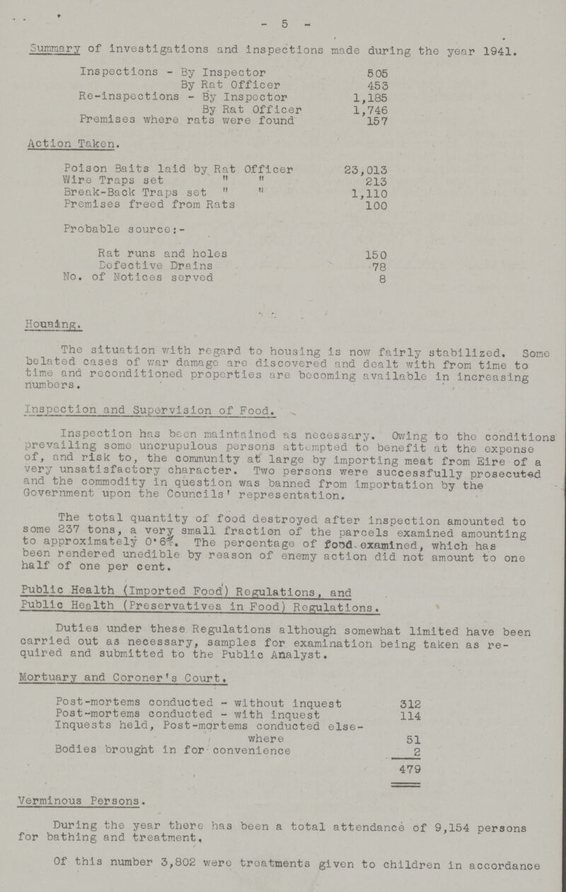 5 Summary of investigations and inspections made during the year 1941. Inspections-By Inspector 505 By Rat Officer 453 Re-inspections-By Inspoctor 1,185 By Rat Officer 1,746 Premises where rats were found 157 Action Taken. Poison Baits laid by Rat Officer 23,013 Wire Traps set ,, ,, 213 Break-Back Traps set ,, ,, 1,110 Premises freed from Rats 100 Probable source:- Rat runs and holes 150 Defective Drains 78 No. of Notices served 8 Housing. The situation with regard to housing is now fairly stabilized. Some belated cases of war damage are discovered and dealt with from time to time and reconditioned properties are becoming available in increasing numbers. Inspection and Supervision of Food. Inspection has been maintained as necessary. Owing to the conditions prevailing some uncrupulous persons attempted to benefit at the expense of, and risk to, the community at large by importing meat from Eire of a very unsatisfactory character. Two persons were successfully prosecuted and the commodity in question was banned from importation by the Government upon the Councils' representation. The total quantity of food destroyed after inspection amounted to some 237 tons, a very small fraction of the parcels examined amounting to approximately 0.6%. The percentage of food examined, which has been rendered unedible by reason of enemy action did not amount to one half of one per cent. Public Health (Imported Food) Regulations, and Public Health (Preservatives in Food) Regulations. Duties under these Regulations although somewhat limited have been carried out as necessary, samples for examination being taken as re quired and submitted to the Public Analyst. Mortuary and Coroner's Court. Post-mortems conducted-without inquest 312 Post-mortems conducted-with inquest 114 Inquests held, Post-mortems conducted else- where 51 Bodies brought in for convenience 2 479 Verminous Persons. During the year there has been a total attendance of 9,154 persons for bathing and treatment. Of this number 3,802 were treatments given to children In accordance