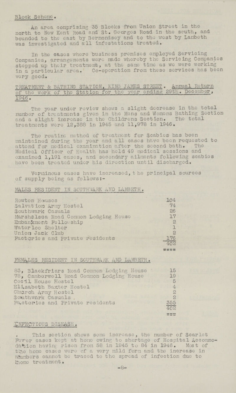 Block Scheme. An area comprising 35 Blocks from Union Street in the north to New Kent Road and St. Georges Road in the south, and bounded to the east by Bermondsey and to the west by Lambeth was investigated and all infestations treated. In the cases where business premises employed Servicing Companies, arrangements were made whereby the Servicing Companies stopped up their treatment, at the same time as we were working in a particular area. Co-operation from these services has been very good. TREATMENT & BATHING STATION. KING JAMES STREET . Annual Return of the work of the Station for the year ending 29th. December, 1946. The year under review shows a slight decrease in the total number of treatments given in the Mens and Womens Bathing Section and a slight increase in the Childrens Section. The total treatments were 12,308 in 1945 and 11,978 in 1946. The routine method of treatment for Scabies has been maintained during the year and all cases have been requested to attend for medical examination after the second bath. The Medical Officer of Health has held 49 medical sessions and examined 1,191 cases, and secondary ailments following scabies have been treated under his direction until discharged. Verminous cases have increased, the principal sources of supply being as follows:- MALES RESIDENT IN SOUTHWARK AND LAMBETH, Rowton Houses 104 Salvation Army Hostel 74 Southwark Casuals 26 Marshalsea Road Common Lodging House 17 Embankment Fellowship 2 Waterloo Shelter 1 Union Jack Club 2 Factories and private residents 176 402 FEMALES RESIDENT IN SOUTHWARK AND LAMBETH. 83, Blackfriars Road Common Lodging House 15 78, Camberwell Road Common Lodging House 19 Cecil House Hostel 5 Elizabeth Baxter Hostel 4 Church Army Hostel 2 Southwark Casuals 2 Factories and Private residents 355 402 INFECTIOUS DISEASE . This section shows some increase, the number of Scarlet Fever cases kept at hone owing to shortage of Hospital Accommo dation having risen from 58 in 1945 to 84 in 1946. Most of the home cases were of a very mild form and the Increase in numbers cannot be traced to the spread of infection due to home treatment. 8