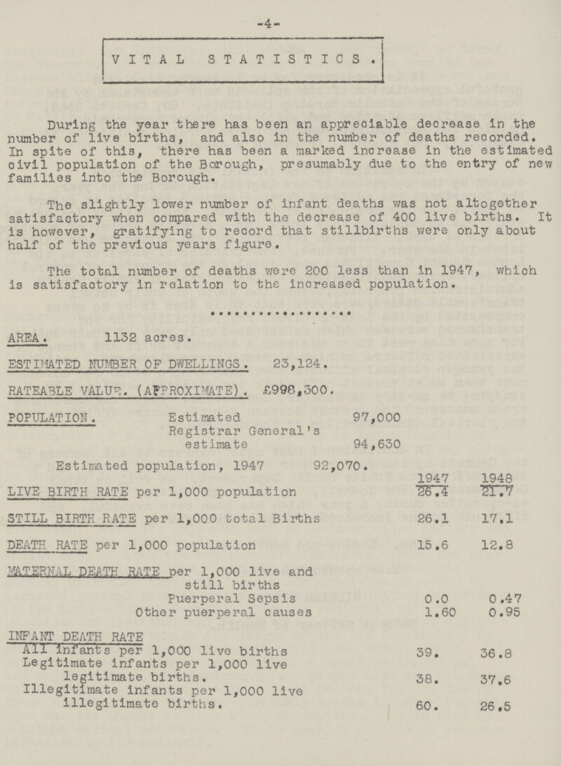 -4- VITAL STATISTICS. I During the year there has been an appreciable decrease in the number of live births, and also in the number of deaths recorded. In spite of this, there has been a marked increase in the estimated civil population of the Borough, presumably due to the entry of new families into the Borough. The slightly lower number of infant deaths was not altogether satisfactory when compared with the decrease of 400 live births. It is however, gratifying to record that stillbirths were only about half of the previous years figure. The total number of deaths were 200 less than in 1947, which is satisfactory in relation to the increased population. AREA. 1132 aores. ESTIMATED NUMBER OF DWELLINGS . 23,124. RATEABLE VALIR. (APPROXIMATE) . £998,300. POPULATION. Estimated 97,000 Registrar General's estimate 94,630 Estimated population, 1947 92,070. 1947 1948 LIVE BIRTH RATE per 1,000 population 26.4 21.7 STILL BIRTH RATE per 1,000 total Births 26.1 17.1 DEATH RATE per 1,000 population 15.6 12.8 MATERNAL DEATH RATE per 1,000 live and still births Puerperal Sepsis 0.0 0.47 Other puerperal causes 1.60 0.95 INFANT DEATH RATE All infants per 1,000 live births 39. 36.8 Legitimate infants per 1,000 live legitimate births. 38. 37.6 Illegitimate infants per 1,000 live illegitimate births. 60. 26.5