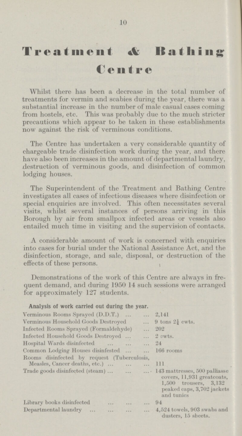 10 Vreatment & Bathing Centre Whilst there has been a decrease in the total number of treatments for vermin and scabies during the year, there was a substantial increase in the number of male casual cases coming from hostels, etc. This was probably due to the much stricter precautions which appear to be taken in these establishments now against the risk of verminous conditions. The Centre has undertaken a very considerable quantity of chargeable trade disinfection work during the year, and there have also been increases in the amount of departmental laundry, destruction of verminous goods, and disinfection of common lodging houses. The Superintendent of the Treatment and Bathing Centre investigates all cases of infectious diseases where disinfection or special enquiries are involved. This often necessitates several visits, whilst several instances of persons arriving in this Borough by air from smallpox infected areas or vessels also entailed much time in visiting and the supervision of contacts. A considerable amount of work is concerned with enquiries into cases for burial under the National Assistance Act, and the disinfection, storage, and sale, disposal, or destruction of the effects of these persons. Demonstrations of the work of this Centre are always in fre quent demand, and during 1950 14 such sessions were arranged for approximately 127 students. Analysis of work carried out during the year. Verminous Rooms Sprayed (D.D.T.) 2,141 Verminous Household Goods Destroyed 9 tons 2¼ cwts. Infected Rooms Sprayed (Formaldehyde) 202 Infected Household Goods Destroyed 2 cwts. Hospital Wards disinfected 24 Common Lodging Houses disinfested 166 rooms Rooms disinfected by request (Tuberculosis, Measles, Cancer deaths, etc.) 111 Trade goods disinfected (steam) 143 mattresses, 500 palliasse covers, 11,931 greatcoats, 1,500 trousers, 3,132 peaked caps, 3,702 jackets and tunics Library books disinfected 94 Departmental laundry 4,524 towels, 903 swabs and dusters, 15 sheets.