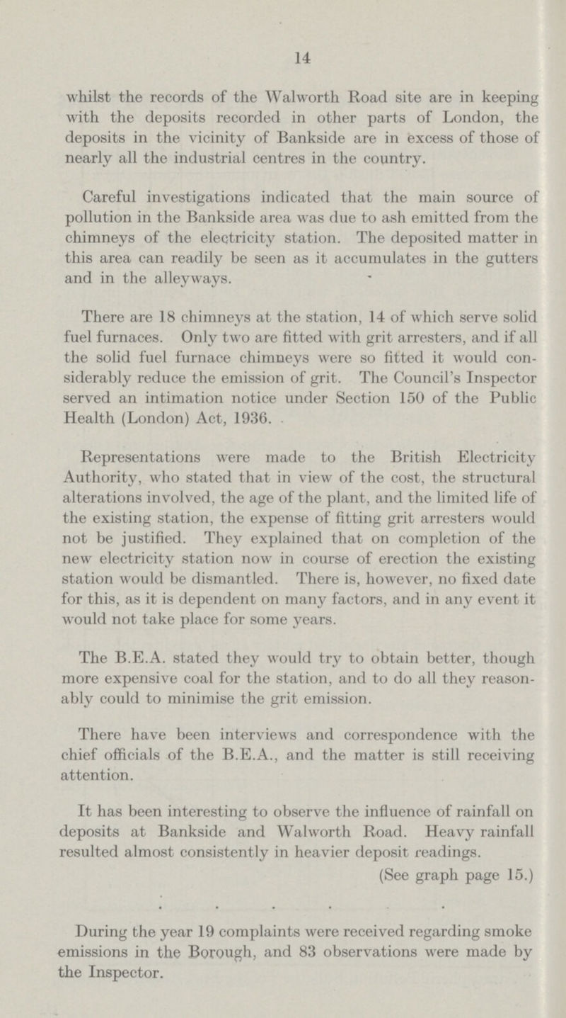 14 whilst the records of the Walworth Road site are in keeping with the deposits recorded in other parts of London, the deposits in the vicinity of Bankside are in excess of those of nearly all the industrial centres in the country. Careful investigations indicated that the main source of pollution in the Bankside area was due to ash emitted from the chimneys of the electricity station. The deposited matter in this area can readily be seen as it accumulates in the gutters and in the alleyways. There are 18 chimneys at the station, 14 of which serve solid fuel furnaces. Only two are fitted with grit arresters, and if all the solid fuel furnace chimneys were so fitted it would con siderably reduce the emission of grit. The Council's Inspector served an intimation notice under Section 150 of the Public Health (London) Act, 1936. Representations were made to the British Electricity Authority, who stated that in view of the cost, the structural alterations involved, the age of the plant, and the limited life of the existing station, the expense of fitting grit arresters would not be justified. They explained that on completion of the new electricity station now in course of erection the existing station would be dismantled. There is, however, no fixed date for this, as it is dependent on many factors, and in any event it would not take place for some years. The B.E.A. stated they would try to obtain better, though more expensive coal for the station, and to do all they reason ably could to minimise the grit emission. There have been interviews and correspondence with the chief officials of the B.E.A., and the matter is still receiving attention. It has been interesting to observe the influence of rainfall on deposits at Bankside and Walworth Road. Heavy rainfall resulted almost consistently in heavier deposit readings. (See graph page 15.) During the year 19 complaints were received regarding smoke emissions in the Borough, and 83 observations were made by the Inspector.