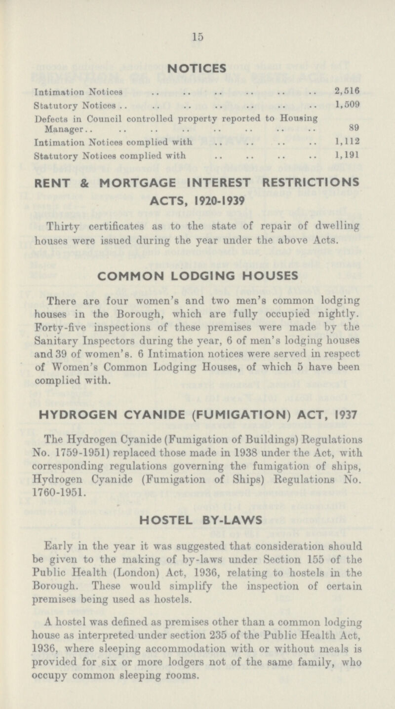 15 NOTICES Intimation Notices 2,516 Statutory Notices 1,509 Defects in Council controlled property reported to Housing Manager 89 Intimation Notices complied with 1,112 Statutory Notices complied with 1,191 RENT & MORTGAGE INTEREST RESTRICTIONS ACTS, 1920-1939 Thirty certificates as to the state of repair of dwelling houses were issued during the year under the above Acts. COMMON LODGING HOUSES There are four women's and two men's common lodging houses in the Borough, which are fully occupied nightly. Forty-five inspections of these premises were made by the Sanitary Inspectors during the year, 6 of men's lodging houses and 39 of women's. 6 Intimation notices were served in respect of Women's Common Lodging Houses, of which 5 have been complied with. HYDROGEN CYANIDE (FUMIGATION) ACT, 1937 The Hydrogen Cyanide (Fumigation of Buildings) Regulations No. 1759-1951) replaced those made in 1938 under the Act, with corresponding regulations governing the fumigation of ships, Hydrogen Cyanide (Fumigation of Ships) Regulations No. 1760-1951. HOSTEL BY-LAWS Early in the year it was suggested that consideration should be given to the making of by-laws under Section 155 of the Public Health (London) Act, 1936, relating to hostels in the Borough. These would simplify the inspection of certain premises being used as hostels. A hostel was defined as premises other than a common lodging house as interpreted under section 235 of the Public Health Act, 1936, where sleeping accommodation with or without meals is provided for six or more lodgers not of the same family, who occupy common sleeping rooms.