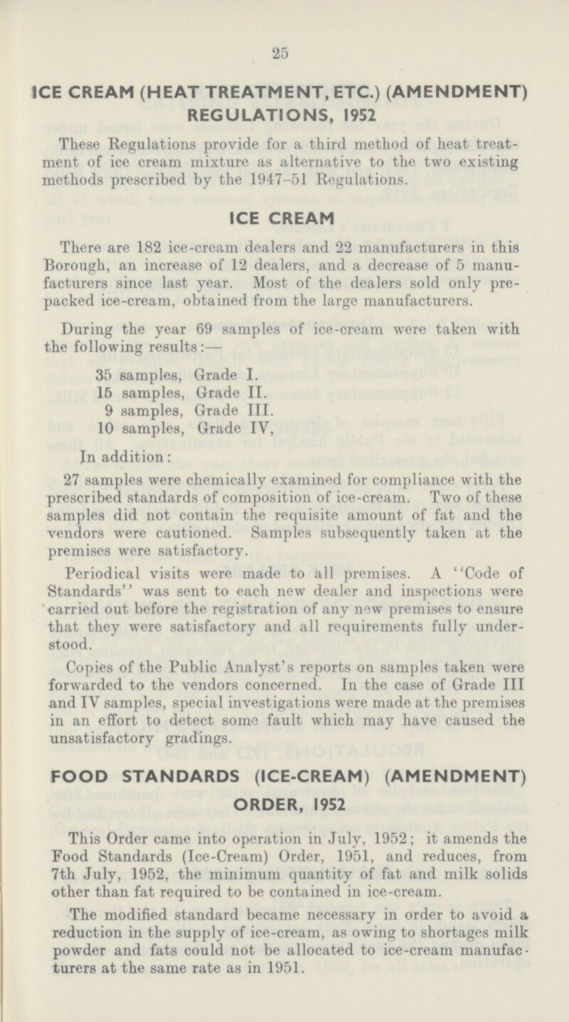 25 ICE CREAM (HEAT TREATMENT, ETC.) (AMENDMENT) REGULATIONS, 1952 These Regulations provide for a third method of heat treat ment of ice cream mixture as alternative to the two existing methods prescribed by the 1947-51 Regulations. ICE CREAM There are 182 ice-cream dealers and 22 manufacturers in this Borough, an increase of 12 dealers, and a decrease of 5 manu facturers since last year. Most of the dealers sold only pre packed ice-cream, obtained from the large manufacturers. During the year 69 samples of ice-cream were taken with the following results:— 35 samples, Grade I. 15 samples, Grade II. 9 samples, Grade III. 10 samples, Grade IV, In addition: 27 samples were chemically examined for compliance with the prescribed standards of composition of ice-cream. Two of these samples did not contain the requisite amount of fat and the vendors were cautioned. Samples subsequently taken at the premises were satisfactory. Periodical visits were made to all premises. A Code of Standards was sent to each new dealer and inspections were carried out before the registration of any new premises to ensure that they were satisfactory and all requirements fully under stood. Copies of the Public Analyst's reports on samples taken were forwarded to the vendors concerned. In the case of Grade III and IV samples, special investigations were made at the premises in an effort to detect some fault which may have caused the unsatisfactory gradings. FOOD STANDARDS (ICE-CREAM) (AMENDMENT) ORDER, 1952 This Order came into operation in July, 1952; it amends the Food Standards (Ice-Cream) Order, 1951, and reduces, from 7th July, 1952, the minimum quantity of fat and milk solids other than fat required to be contained in ice-cream. The modified standard became necessary in order to avoid a reduction in the supply of ice-cream, as owing to shortages milk powder and fats could not be allocated to ice-cream manufac turers at the same rate as in 1951.