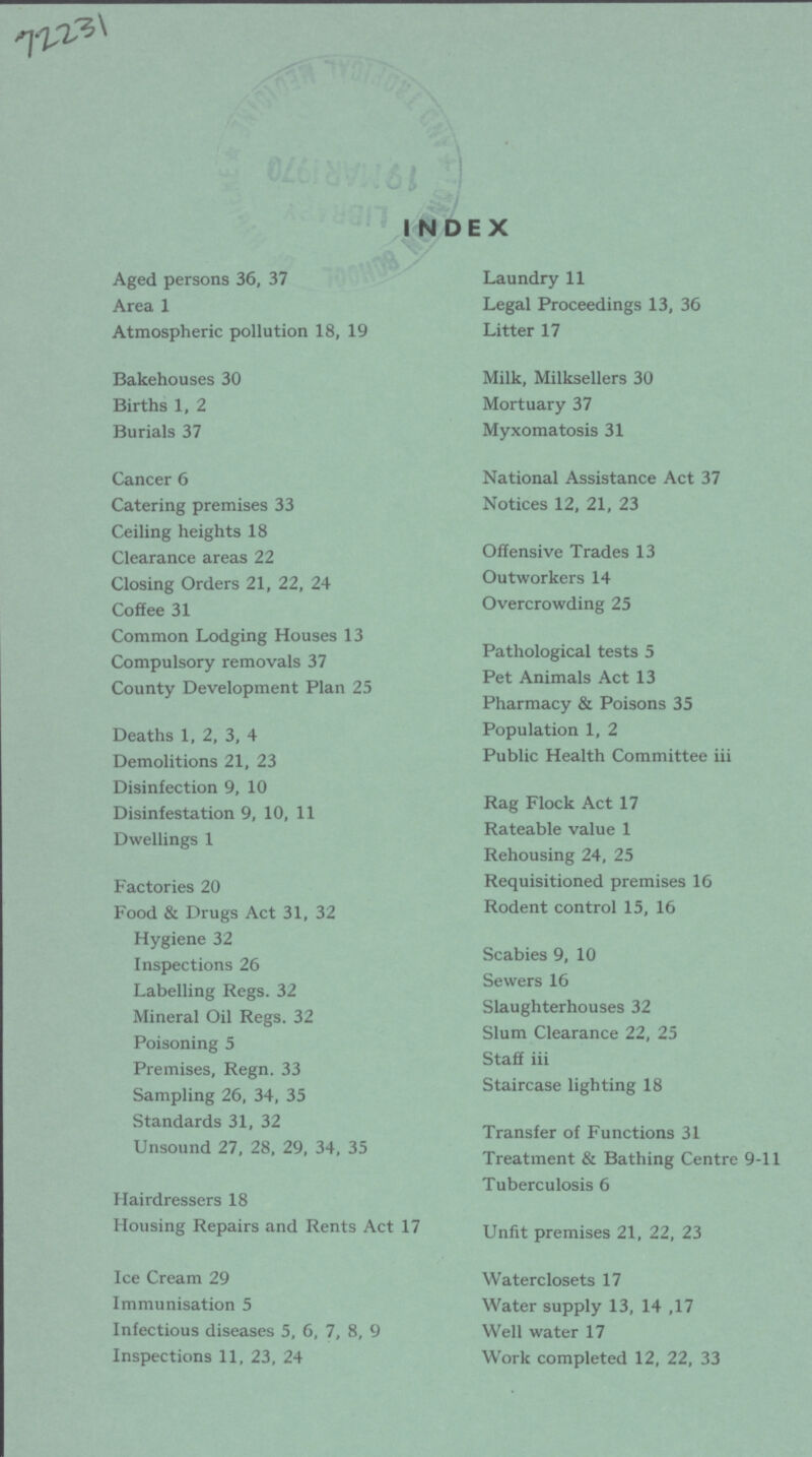 72231 INDEX Aged persons 36, 37 Area 1 Atmospheric pollution 18, 19 Bakehouses 30 Births 1, 2 Burials 37 Cancer 6 Catering premises 33 Ceiling heights 18 Clearance areas 22 Closing Orders 21, 22, 24 Coffee 31 Common Lodging Houses 13 Compulsory removals 37 County Development Plan 25 Deaths 1, 2, 3, 4 Demolitions 21, 23 Disinfection 9, 10 Disinfestation 9, 10, 11 Dwellings 1 Factories 20 Food & Drugs Act 31, 32 Hygiene 32 Inspections 26 Labelling Regs. 32 Mineral Oil Regs. 32 Poisoning 5 Premises, Regn. 33 Sampling 26, 34, 35 Standards 31, 32 Unsound 27, 28, 29, 34, 35 Hairdressers 18 Housing Repairs and Rents Act 17 Ice Cream 29 Immunisation 5 Infectious diseases 5, 6, 7, 8, 9 Inspections 11, 23, 24 Laundry 11 Legal Proceedings 13, 36 Litter 17 Milk, Milksellers 30 Mortuary 37 Myxomatosis 31 National Assistance Act 37 Notices 12, 21, 23 Offensive Trades 13 Outworkers 14 Overcrowding 25 Pathological tests 5 Pet Animals Act 13 Pharmacy & Poisons 35 Population 1, 2 Public Health Committee iii Rag Flock Act 17 Rateable value 1 Rehousing 24, 25 Requisitioned premises 16 Rodent control 15, 16 Scabies 9, 10 Sewers 16 Slaughterhouses 32 Slum Clearance 22, 25 Staff iii Staircase lighting 18 Transfer of Functions 31 Treatment & Bathing Centre 9-11 Tuberculosis 6 Unfit premises 21, 22, 23 Waterclosets 17 Water supply 13, 14 ,17 Well water 17 Work completed 12, 22, 33