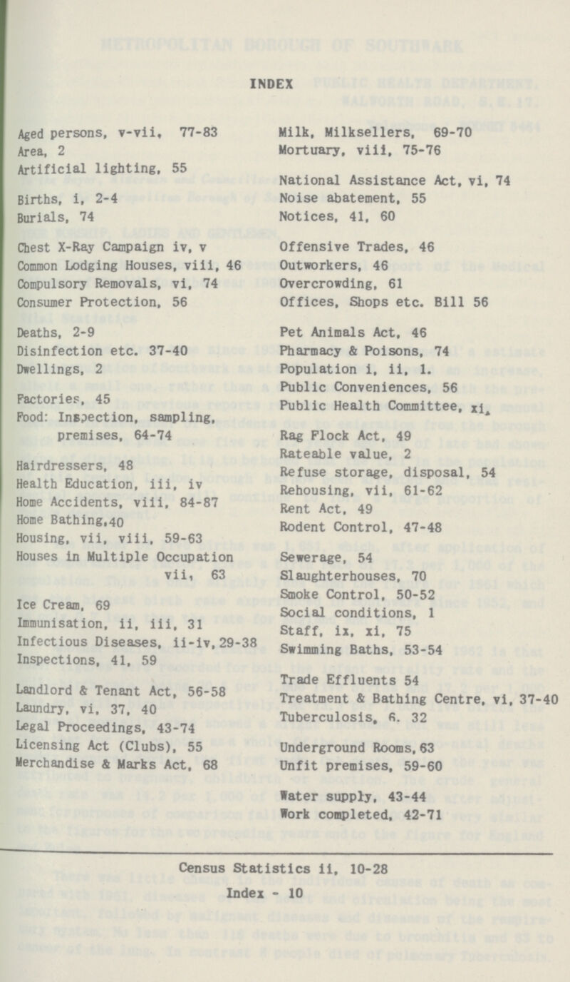 INDEX Aged persons, v-vii, 77-83 Area, 2 Artificial lighting, 55 Births, i, 2-4 Burials, 74 Chest X-Ray Campaign iv, v Common Lodging Houses, viii, 46 Compulsory Removals, vi, 74 Consumer Protection, 56 Deaths, 2-9 Disinfection etc. 37-40 Dwellings, 2 Factories, 45 Pood: Inspection, sampling, premises, 64-74 Hairdressers, 48 Health Education, iii, iv Home Accidents, viii, 84-87 Home Bathing,40 Housing, vii, viii. 59-63 Houses in Multiple Occupation vii, 63 Ice Cream, 69 Immunisation, ii, iii, 31 Infectious Diseases, ii-iv, 29-38 Inspections, 41, 59 Landlord A Tenant Act, 56-58 Laundry, vi, 37, 40 Legal Proceedings, 43-74 Licensing Act (Clubs), 55 Merchandise & Marks Act, 68 Milk, Milksellers, 69-70 Mortuary, viii, 75-76 National Assistance Act, vi, 74 Noise abatement, 55 Notices, 41, 60 Offensive Trades, 46 Outworkers, 46 Overcrowding, 61 Offices, Shops etc. Bill 56 Pet Animals Act, 46 Pharmacy & Poisons, 74 Population i, ii, 1. Public Conveniences, 56 Public Health Committee, xi, Rag Flock Act, 49 Rateable value, 2 Refuse storage, disposal, 54 Rehousing, vii, 61-62 Rent Act. 49 Rodent Control, 47-48 Sewerage, 54 Slaughterhouses, 70 Smoke Control, 50-52 Social conditions, 1 Staff, ix, xi, 75 Swimming Baths, 53-54 Trade Effluents 54 Treatment & Bathing Centre, vi, 37-40 Tuberculosis, 6. 32 Underground Rooms,63 Unfit premises, 59-60 Water supply, 43-44 Work completed, 42-71 Census Statistics ii, 10-28 Index - 10