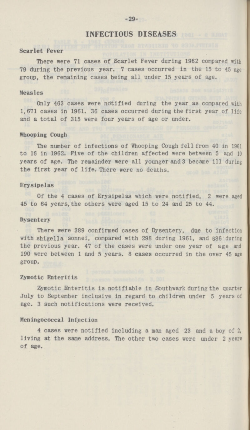 -29- INFECTIOUS DISEASES Scarlet Fever There were 71 cases of Scarlet Fever during 1962 compared with 79 during the previous year. 7 cases occurred in the 15 to 45 age group, the remaining cases being all under 15 years of age. Measles Only 463 cases were notified during the year as compared with 1,671 cases in 1961. 36 cases occurred during the first year of life and a total of 315 were four years of age or under. Whooping Cough The number of infections of Whooping Cough fell from 40 in 1961 to 16 in 1962. Five of the children affected were between 5 and 10 years of age. The remainder were all younger and 3 became ill during the first year of life. There were no deaths. Erysipelas Of the 4 cases of Erysipelas which were notified, 2 were aged 45 to 64 years, the others were aged 15 to 24 and 25 to 44. Dysentery There were 389 confirmed cases of Dysentery, due to infection with shigella sonnei, compared with 298 during 1961, and 686 during the previous year. 47 of the cases were under one year of age and 190 were between 1 and 5 years. 8 cases occurred in the over 45 age group. Zymotic Enteritis Zymotic Enteritis is notifiable in Southwark during the quarter July to September inclusive in regard to children under 5 years of age. 3 such notifications were received. Meningococcal Infection 4 cases were notified including a man aged 23 and a boy of 2, living at the same address. The other two cases were under 2 years of age.