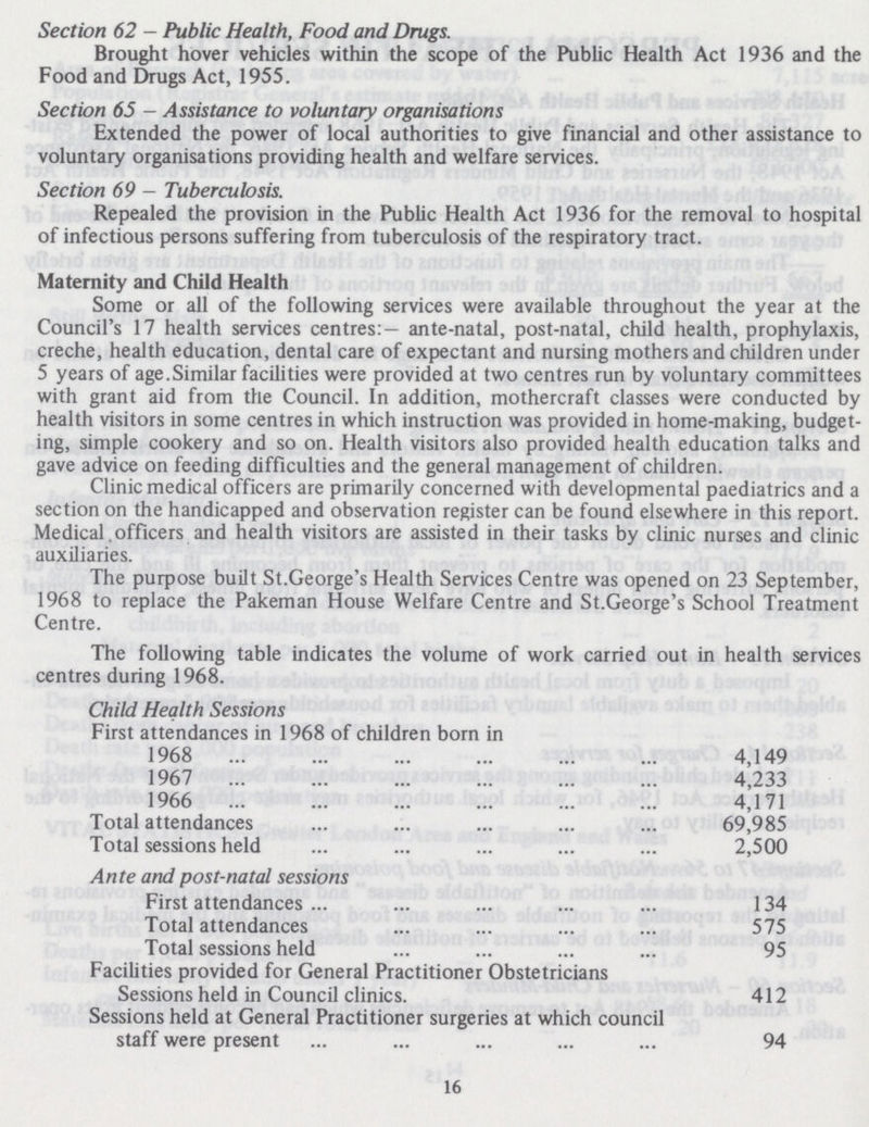 Section 62 - Public Health, Food and Drugs. Brought hover vehicles within the scope of the Public Health Act 1936 and the Food and Drugs Act, 1955. Section 65 - Assistance to voluntary organisations Extended the power of local authorities to give financial and other assistance to voluntary organisations providing health and welfare services. Section 69 — Tuberculosis. Repealed the provision in the Public Health Act 1936 for the removal to hospital of infectious persons suffering from tuberculosis of the respiratory tract. Maternity and Child Health Some or all of the following services were available throughout the year at the Council's 17 health services centres:— ante-natal, post-natal, child health, prophylaxis, creche, health education, dental care of expectant and nursing mothers and children under 5 years of age. Similar facilities were provided at two centres run by voluntary committees with grant aid from the Council. In addition, mothercraft classes were conducted by health visitors in some centres in which instruction was provided in home-making, budget ing, simple cookery and so on. Health visitors also provided health education talks and gave advice on feeding difficulties and the general management of children. Clinic medical officers are primarily concerned with developmental paediatrics and a section on the handicapped and observation register can be found elsewhere in this report. Medical officers and health visitors are assisted in their tasks by clinic nurses and clinic auxiliaries. The purpose built St.George's Health Services Centre was opened on 23 September, 1968 to replace the Pakeman House Welfare Centre and St.George's School Treatment Centre. The following table indicates the volume of work carried out in health services centres during 1968. Child Health Sessions First attendances in 1968 of children born in 1968 4,149 1967 4,233 1966 4,171 Total attendances 69,985 Total sessions held 2,500 Ante and post-natal sessions First attendances 134 Total attendances 575 Total sessions held 95 Facilities provided for General Practitioner Obstetricians Sessions held in Council clinics. 412 Sessions held at General Practitioner surgeries at which council staff were present 94 16