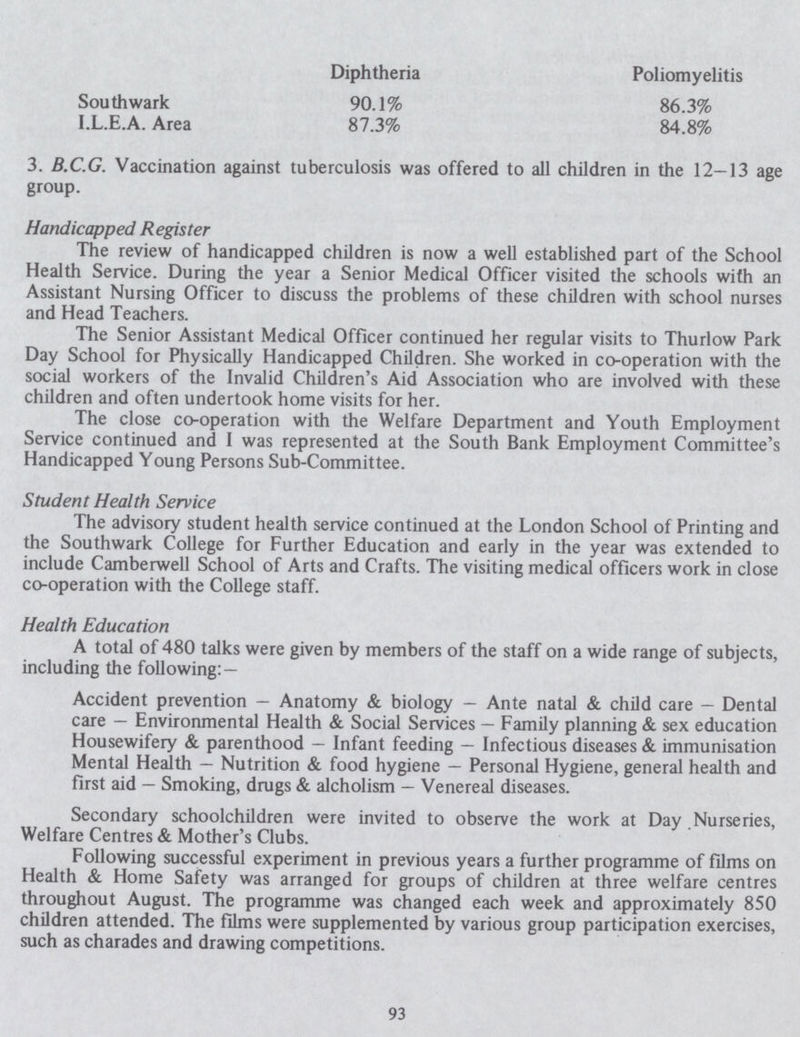 Diphtheria Poliomyelitis Southwark 90.1% 86.3% I.L.E.A. Area 87.3% 84.8% 3. B.C.G. Vaccination against tuberculosis was offered to all children in the 12-13 age group. Handicapped Register The review of handicapped children is now a well established part of the School Health Service. During the year a Senior Medical Officer visited the schools with an Assistant Nursing Officer to discuss the problems of these children with school nurses and Head Teachers. The Senior Assistant Medical Officer continued her regular visits to Thurlow Park Day School for Physically Handicapped Children. She worked in co-operation with the social workers of the Invalid Children's Aid Association who are involved with these children and often undertook home visits for her. The close co-operation with the Welfare Department and Youth Employment Service continued and 1 was represented at the South Bank Employment Committee's Handicapped Young Persons Sub-Committee. Student Health Service The advisory student health service continued at the London School of Printing and the Southwark College for Further Education and early in the year was extended to include Camberwell School of Arts and Crafts. The visiting medical officers work in close co-operation with the College staff. Health Education A total of 480 talks were given by members of the staff on a wide range of subjects, including the following:— Accident prevention — Anatomy & biology - Ante natal & child care - Dental care — Environmental Health & Social Services — Family planning & sex education Housewifery & parenthood — Infant feeding — Infectious diseases & immunisation Mental Health - Nutrition & food hygiene - Personal Hygiene, general health and first aid — Smoking, drugs & alcholism — Venereal diseases. Secondary schoolchildren were invited to observe the work at Day Nurseries, Welfare Centres & Mother's Clubs. Following successful experiment in previous years a further programme of films on Health & Home Safety was arranged for groups of children at three welfare centres throughout August. The programme was changed each week and approximately 850 children attended. The films were supplemented by various group participation exercises, such as charades and drawing competitions. 93