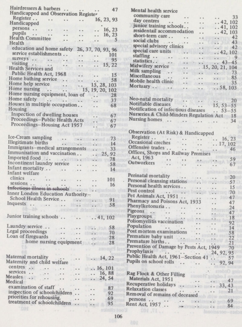 Hairdressers & barbers 47 Handicapped and Observation Register Register 16, 23, 93 Handicapped persons 16, 23 pupils 16,23 Health Committee 5 Health education and home safety 26, 37, 70, 93, % service establishments 101 surveys 95 visiting I5, 22 Health Services and Public Health Act, 1968 15 Home bathing service 58 Home help service 15,28,103 Home nursing 15, 19, 20, 102 Home nursing equipment, loan of 28 Home safety 37 Houses in multiple occupation 68 Housing Inspection of dwelling houses 67 Proceedings-Public Health Acts 67 Proceedings—Housing Act 1957 67 Ice-Cream sampling 73 Illegitimate births 14 Immigrants—medical arrangements 33 Immunisation and vaccination 25, 92 Imported food 78 Incontinent laundry service 58 Infant mortality 14 Infant welfare clinics 101 sessions 16 Inner London Education Authority- School Health Service 91 Inquests 58 Junior training schools 41, 102 Laundry service 58 Legal proceedings 70 Loan of fireguards 28 home nursing equipment 28 Maternal mortality 14, 22 Maternity and child welfare centres 16,101 services 16, 88 Measles 24,54 Medical examination of staff 87 inspection of schoolchildren 92 priorities for rehousing 69 treatment of schoolchildren 95 Mental health service community care 33 day centres 42, 102 junior training schools 41, 102 residentail accommodation 42, 103 short-term care 42 social clubs 43 special advisory clinics 42 special care units 42, 102 staffing 9 statistics 43-45 Midwifery service 15, 20, 21, 104 Milk sampling 73 Miscellaneous 85 Mobile health clinic 35 Mortuary 58, 103 Neo-natal mortality 20 Notifiable diseases 15,53-55 Notification of infectious diseases 53-55 Nurseries & Child-Minders Regulation Act 18 Nursing homes 34 Observation (At Risk) & Handicapped Register 16, 23 Occasional creches 17, 102 Offensive trades 46 Offices, Shops and Railway Premises Act, 1963 59 Outworkers 67 Perinatal mortality 20 Personal cleansing stations 57 Personal health services 15 Pest control 70 Pet Animals Act, 1951 47 Pharmacy and Poisons Act, 1933 47 Phenylketonuria 24 Pigeons 47 Playgroups 18 Poliomyelitis vaccination 92 Population 14 Post mortem examinations 58 Premature baby unit 22 Premature births 21 Prevention of Damage by Pests Act, 1949 70 Prophylaxis 24,92,95 Public Health Act, 1961-Section 41 57 Pupils on school rolls 92, 94 Rag Flock & Other Filling Materials Act, 1951 47 Recuperative holidays 33, 43 Relaxation classes 21 Removal of remains of deceased persons 69 Rent Act, 1957 84 106