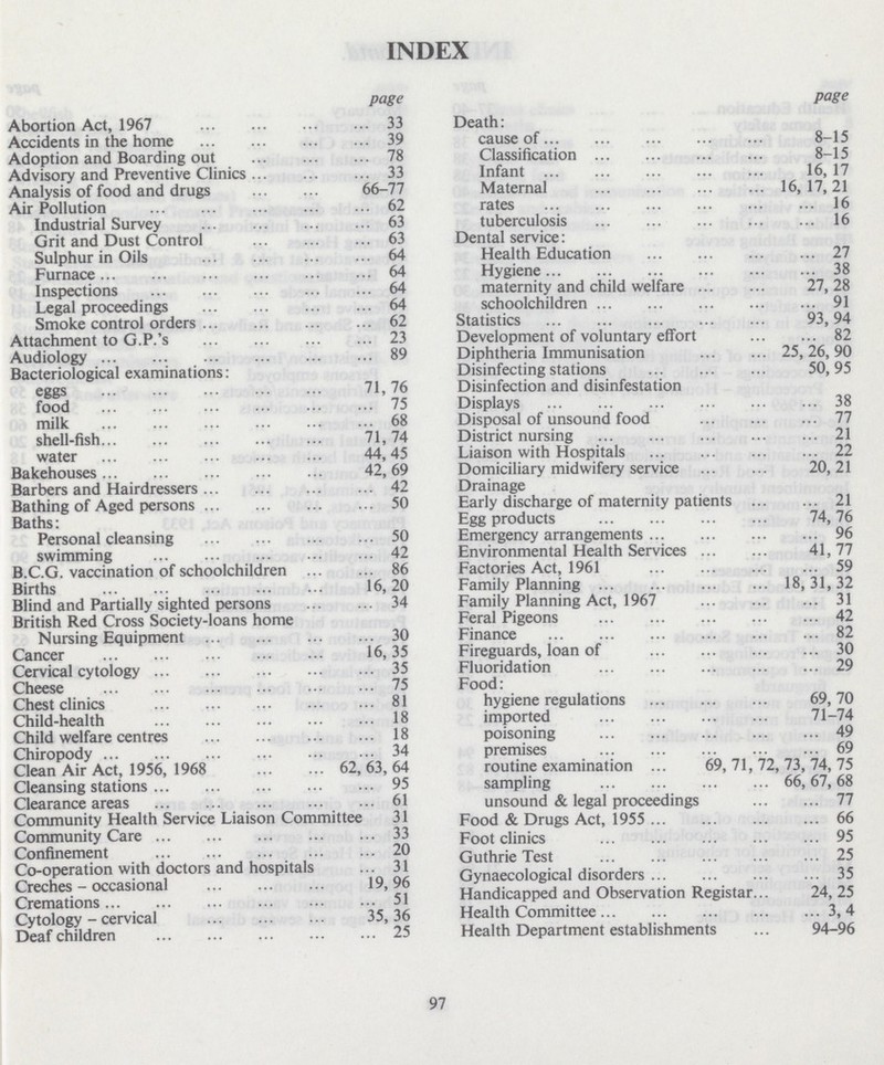 INDEX page Abortion Act, 1967 33 Accidents in the home 39 Adoption and Boarding out 78 Advisory and Preventive Clinics 33 Analysis of food and drugs 66-77 Air Pollution 62 Industrial Survey 63 Grit and Dust Control 63 Sulphur in Oils 64 Furnace 64 Inspections 64 Legal proceedings 64 Smoke control orders 62 Attachment to G.P.'s 23 Audiology 89 Bacteriological examinations: eggs 71,76 food 75 milk 68 shell-fish 71, 74 water 44,45 Bakehouses 42, 69 Barbers and Hairdressers 42 Bathing of Aged persons 50 Baths: Personal cleansing 50 swimming 42 B.C.G. vaccination of schoolchildren 86 Births 16,20 Blind and Partially sighted persons 34 British Red Cross Society-loans home Nursing Equipment 30 Cancer 16,35 Cervical cytology 35 Cheese 75 Chest clinics 81 Child-health 18 Child welfare centres 18 Chiropody 34 Clean Air Act, 1956, 1968 62, 63, 64 Cleansing stations 95 Clearance areas 61 Community Health Service Liaison Committee 31 Community Care 33 Confinement 20 Co-operation with doctors and hospitals 31 Creches - occasional 19,96 Cremations 51 Cytology - cervical 35,36 Deaf children 25 page Death: cause of 8-15 Classification 8-15 Infant 16, 17 Maternal 16, 17, 21 rates 16 tuberculosis 16 Dental service: Health Education 27 Hygiene 38 maternity and child welfare 27, 28 schoolchildren 91 Statistics 93,94 Development of voluntary effort 82 Diphtheria Immunisation 25, 26, 90 Disinfecting stations 50,95 Disinfection and disinfestation Displays 38 Disposal of unsound food 77 District nursing 21 Liaison with Hospitals 22 Domiciliary midwifery service 20, 21 Drainage Early discharge of maternity patients 21 Egg products 74,76 Emergency arrangements 96 Environmental Health Services 41, 77 Factories Act, 1961 59 Family Planning 18,31,32 Family Planning Act, 1967 31 Feral Pigeons 42 Finance 82 Fireguards, loan of 30 Fluoridation 29 Food: hygiene regulations 69,70 imported 71-74 poisoning 49 premises 69 routine examination 69,71,72,73,74,75 sampling 66, 67, 68 unsound & legal proceedings 77 Food & Drugs Act, 1955 66 Foot clinics 95 Guthrie Test 25 Gynaecological disorders 35 Handicapped and Observation Registar 24, 25 Health Committee 3, 4 Health Department establishments 94-96 97