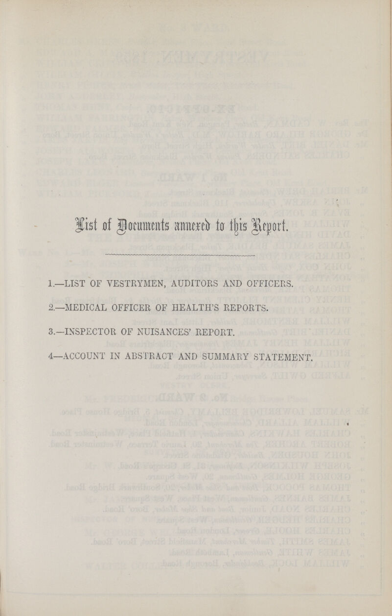 List of Documents annexed to this Report. 1.—LIST OF VESTRYMEN, AUDITORS AND OFFICERS. 2.—MEDICAL OFFICER OF HEALTH'S REPORTS. 3.—INSPECTOR OF NUISANCES' REPORT. 4—ACCOUNT IN ABSTRACT AND SUMMARY STATEMENT.