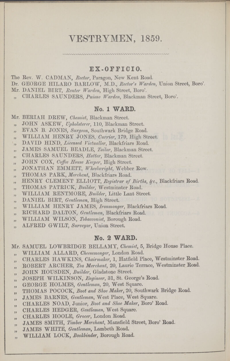 VESTRYMEN, 1859. EX.OFFICIO. The Rev. W. C ADMAN, Rector, Paragon, New Kent Road. Dr. GEORGE HILARO BARLOW, M.D., Hector's Warden, Union Street, Boro'. Mr. DANIEL BIRT, Renter Warden, High Street, Boro'. „ CHARLES SAUNDERS, Puisne Warden, Blackman Street, Boro'. No. 1 WARD. Mr. BERIAH DREW, Chemist, Blackman Street. „ JOHN ASKEW, Upholsterer, 110, Blackman Street. „ EVAN B. JONES, Surgeon, Southwark Bridge Road. „ WILLIAM HENRV JONES, Currier, 179, High Street. „ DAVID HIND, Licensed Victualler, Blackfriars Road. „ JAMES SAMUEL BEADLE, Tailor, Blackman Street. „ CHARLES SAUNDERS, Hatter, Blackman Street. „ JOHN COX, Coffee Souse Keeper, High Street. „ JONATHAN EMMETT, Wheelwright, Webber Row. „ THOMAS PARK, Merchant, Blackfriars Road. „ HENRY CLEMENT ELLIOTT, Registrar of Births, &fc., Blackfriars Road. „ THOMAS PATRICK, Builder, Westminster Road. „ WILLIAM RENTMORE, Builder, Little Lant Street. „ DANIEL BIRT, Gentleman, High Street. „ WILLIAM HENRY JAMES, Ironmonger, Blackfriars Road. „ RICHARD DALTON, Gentleman, Blackfriars Road. „ WILLIAM WILSON, Tobacconist, Borough Road. „ ALERED GWILT, Surveyor, Union Street. No. 2 WARD. Mr. SAMUEL LOWBRIDGE BELLAMY, Chemist, 5, Bridge House Place. „ WILLIAM ALLARD, Cheesemonger, London Road. „ CHARLES HAWKINS, Chairmaker, 1, Hatfield Place, Westminster Road. „ ROBERT ARCHER, Tea Merchant, 20, Laurie Terrace, Westminster Road. „ JOHN HOUSDEN, Builder, Gladstone Street. „ JOSEPH WILKINSON, Engineer, 31, St. George's Road. „ GEORGE HOLMES, Gentleman, 20, West Square. „ THOMAS POCOCK, Boot and Shoe Maker, 20, Southwark Bridge Road. „ JAMES BARNES, Gentleman, West Place, West Square. „ CHARLES NO AD, Junior, Boot and Shoe Maker, Boro' Road. „ CHARLES HEDGER, Gentleman, West Square. „ CHARLES HO OLE, Grocer, London Road. „ JAMES SMITH, Timler Merchant, Mansfield Street, Boro' Road. „ JAMES WHITE, Gentleman, Lambeth Road. „ WILLIAM LOCK, Bookbinder, Borough Road.