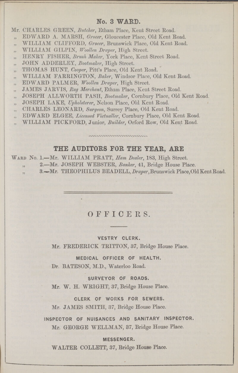 No. 3 WARD. Mr. CHARLES GREEN, Butcher, Etham Place, Kent Street Road. „ EDWARD A. MARSH, Grocer, Gloucester Place, Old Kent Road. „ WILLIAM CLIFFORD, Grocer, Brunswick Place, Old Kent Road. „ WILLIAM GILPIN, Woollen Draper, High Street. „ HENRY FISHER, Brush Maker, York Place, Kent Street Road. „ JOHN ADDERLEY, Bootmaker, High Street. „ THOMAS HUNT, Cooper, Pitt's Place, Old Kent Road. „ WILLIAM FARRINGTON, Baler, Windsor Place, Old Kent Road. „ EDWARD PALMER, Woollen Draper, High Street. „ JAMES JARYIS, Rag Merchant, Etham Place, Kent Street Road. „ JOSEPH ALLWORTH PASH, Bootmaker, Corn bury Place, Old Kent Road. „ JOSEPH LAKE, Upholsterer, Nelson Place, Old Kent Road. ,, CHARLES LEONARD, Surgeon, Surrey Place, Old Kent Road. „ EDWARD ELGEE, Licensed, Victualler, Cornbury Place, Old Kent Road. „ WILLIAM PICKFORD, Junior, Builder, Orford Row, Old Kent Road. THE AUDITORS FOR THE YEAR, ARE Ward No. 1.—Mr. WILLIAM PRATT, Ilam Dealer, 183, High Street. „ 2.—Mr. JOSEPH WEBSTER, Banker, 41, Bridge House Place. „ 3 —Mr. THEOPHILUS BEADELL,Z>ra^er,Bruaswiek Place, Old Kent Road. OFFICERS. VESTRY CLERK. Mr. FREDERICK TRITTON, 37, Bridge House Place. MEDICAL OFFICER OF HEALTH. Dr. BATESON, M.D., Waterloo Road. SURVEYOR OF ROADS. Mr. W. H. WRIGHT, 37, Bridge House Place. CLERK OF WORKS FOR SEWERS. Mr. JAMES SMITH, 37, Bridge House Place. INSPECTOR OF NUISANCES AND SANITARY INSPECTOR. Mr. GEORGE WELLMAN, 37, Bridge House Place. MESSENGER. WALTER COLLETT, 37, Bridge House Place.