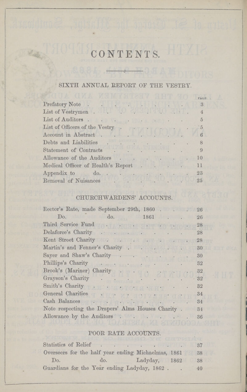 CONTENTS. SIXTH ANNUAL REPORT OF THE VESTRY. PAGE . Prefatory Note . 3 List of Vestrymen 4 List of Auditors 5 List of Officers of the Vestry 5 Account in Abstract 6 Debts and Liabilities 8 Statement of Contracts 9 Allowance of the Auditors 10 Medical Officer of Health's Report 11 Appendix to do. 23 Removal of Nuisances 25 CHURCHWARDENS' ACCOUNTS. Rector's Rate, made September 29th, 1860 26 Do. do. 1861 26 Third Service Fund 28 Delaforce's Charity 28 Kent Street Charity 28 Martin's and Fenner's Charity 30 Sayer and Shaw's Charity 30 Phillips's Charity 32 Brook's (Mariner) Charity 32 Grayson's Charity 32 Smith's Charity 32 General Charities 34 Cash Balances 34 Note respecting the Drapers' Alms Houses Charity . 31 Allowance by the Auditors 36 POOR RATE ACCOUNTS. Statistics of Relief 37 Overseers for the half year ending Michaelmas, 1861 38 Do. do. Ladyday, 1862 38 Guardians for the Year ending Ladyday, 1862. 40