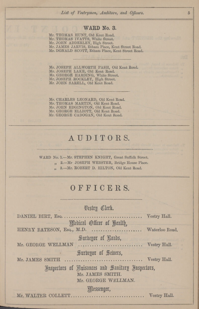 List of Vestrymen, Auditors, and Officers. 5 WARD No. 3. Mr. THOMAS HUNT, Old Kent Road. Mr. THOMAS IVATTS, White Street. Mr. JOHN ADDERLEY, High Street. Mr. JAMES JARVIS, Etham Place, Kent Street Road. Mr. DONALD SCOTT, Etham Place, Kent Street Road. Mr. JOSEPH ALL WORTH PASH, Old Kent Road. Mr. JOSEPH LAKE, Old Kent Road. Mr. GEORGE HARDING, White Street. Mr. JOSEPH ROCKLEY, High Street. Mr. JOHN SARELL, Old Kent Road. Mr. CHARLES LEONARD, Old Kent Road. Mr. THOMAS MARTIN, Old Kent Road. Mr. JOHN EDGINGTON, Old Kent Road. Mr. GEORGE ELLIOTT, Old Kent Road. Mr. GEORGE CADOGAN, Old Kent Road. AUDITORS. WARD No. 1.—Mr. STEPHEN KNIGHT, Great Suffolk Street. „ 2.—Mr JOSEPH WEBSTER, Bridge House Place. „ 3—Mr. ROBERT D. HILTON, Old Kent Road. OFFICERS. Vestry Clerk. DANIEL BIET, Esq Vestry Hall. Medical officer of health, HENRY BATESON, Esq., M.D Waterloo Road. Surbeyor of Roads, Mr. GEORGE WELLMAN Vestry Hall. Surbeyor of Sewers, Mr. JAMES SMITH Vestry Hall. Inspectors of Anisances and Sanitary Inspectors, Mr. JAMES SMITH. Mr. GEORGE WELLMAN. Messenger, Mr. WALTER COLLETT Vestry Hall.
