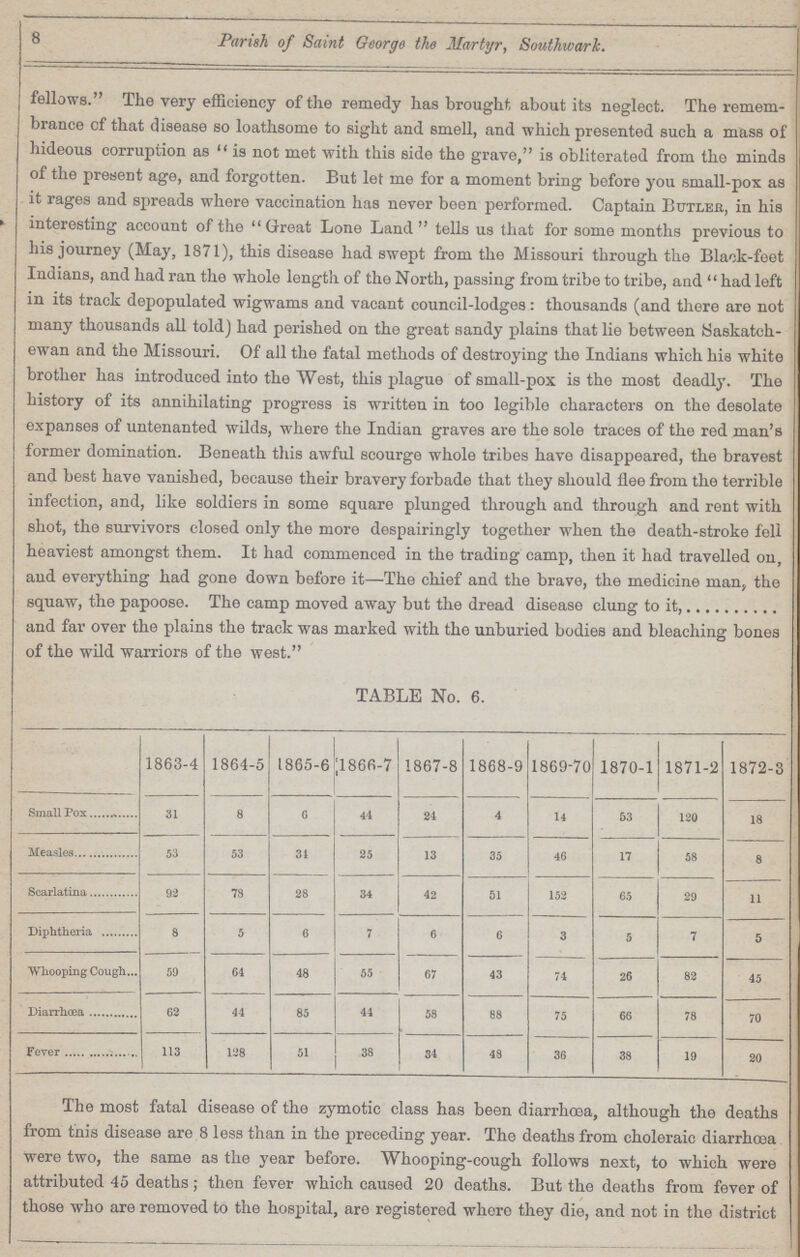 8 Parish of Saint George the Martyr, Southwark. fellows. The very efficiency of the remedy has brought about its neglect. The remem brance of that disease so loathsome to sight and smell, and which presented such a mass of hideous corruption as is not met with this side the grave, is obliterated from the minds of the present age, and forgotten. But let me for a moment bring before you small-pox as it rages and spreads where vaccination has never been performed. Captain Butler, in his interesting account of the Great Lone Land tells us that for some months previous to his journey (May, 1871), this disease had swept from the Missouri through the Black-feet Indians, and had ran the whole length of the North, passing from tribe to tribe, and had left in its track depopulated wigwams and vacant council-lodges: thousands (and there are not many thousands all told) had perished on the great sandy plains that lie between Saskatch ewan and the Missouri. Of all the fatal methods of destroying the Indians which his white brother has introduced into the West, this plague of small-pox is the most deadly. The history of its annihilating progress is written in too legible characters on the desolate expanses of untenanted wilds, where the Indian graves are the sole traces of the red man's former domination. Beneath this awful scourge whole tribes have disappeared, the bravest and best have vanished, because their bravery forbade that they should flee from the terrible infection, and, like soldiers in some square plunged through and through and rent with shot, the survivors closed only the more despairingly together when the death-stroke fell heaviest amongst them. It had commenced in the trading camp, then it had travelled on, and everything had gone down before it—The chief and the brave, the medicine man, the squaw, the papoose. The camp moved away but the dread disease clung to it, and far over the plains the track was marked with the unburied bodies and bleaching bones of the wild warriors of the west. TABLE No. 6. 1863-4 1864-5 1865-6 1866-7 1867-8 1868-9 1869-70 1870-1 1871-2 1872-3 Small Pox 31 8 6 44 24 4 14 53 120 18 Measles 53 53 31 25 13 35 46 17 58 8 Scarlatina 92 79 28 34 42 51 152 65 29 11 Diphtheria 8 59 5 6 7 6 6 3 5 7 5 Whooping Cough 64 48 55 67 43 74 26 82 45 Diarrhœa 62 44 85 44 58 88 75 66 78 70 Fever 113 128 51 as 34 48 36 38 19 20 The most fatal disease of the zymotic class has been diarrhoea, although the deaths from tnis disease are 8 less than in the preceding year. The deaths from choleraic diarrhoea were two, the same as the year before. Whooping-cough follows next, to which were attributed 45 deaths; then fever which caused 20 deaths. But the deaths from fever of those who are removed to the hospital, are registered whore they die, and not in the district