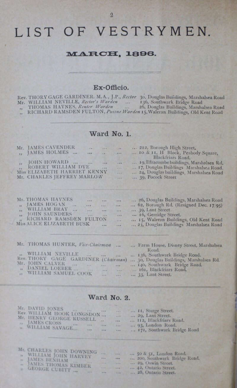 2 LIST OF VESTRYMEN MARCH, 1896. Ex-Officio. Rev. THORY GAGE GARDINER, M. A., J.P., Rector 30, Douglas Buildings, Marshalsea Road Mr. WILLIAM NEVILLE, Rector's Warden 136, Southwark Bridge Road ,, THOMAS HAYNES, Renter Warden 26, Douglas Buildings, Marshalsea Road „ RICHARD RAMSDEN FULTON, Puisne Warden 15, Waleran Buildings, Old Kent Road Ward No. Mr. JAMES CAVENDER ,, JAMES HOLMES ,, JOHN HOWARD ,, ROBERT WILLIAM DYE Miss ELIZABETH HARRIET KENNY Mr. CHARLES JEFFREY MARLOW 212, Borough High Street. 10 & 11, H Block, Peabody Square, Blackfriars Road. 19,Ilfracombebuildings,Marshalsea Rd. 17, Douglas Buildings Marshalsea Road. 24, Douglas buildings, Marshalsea Road 39, Pocock Street Mr. THOMAS HAYNES ,, WILLIAM BRAY „ JOHN SAUNDERS „ RICHARD RAMSDEN FULTON Miss ALICE ELIZABETH BUSK 26, Douglas Buildings, Marshalsea Road 62, Borough Rd. (Resigned Dec. 17/95) 39, Lant Street. 16, Gerridge Street. 15, Waleran Buildings, Old Kent Road 23, Douglas Buildings Marshalsea Road Mr. THOMAS HUNTER, Vice-Chairman „ WILLIAM NEVILLE Rev. Thory GAGE GARDINER (Chairman) Mr. JOHN CALVER „ DANIEL LOEBER „ WILLIAM SAMUEL COOK Farm House, Disney Street, Marshalsea Road. 136, Southwark Bridge Road. 30, Douglas Buildings, Marshalsea Rd. 140, Southwark Bridge Road. 161, Blackfriars Road. 33, Lant Street. Ward No. 2. Mr. DAVID JONES kev WILLIAM HOOK LONGSDON Mr. HENRY GEORGE RUSSELL „ JAMES CROSS „ WILLIAM SAVAGE 11, Sturge Street. 29, Lant Street. 112, Blackfriars Road. 93, London Road. 171, Southwark Bridge Road Mr. CHARLES JOHN DOWNING  William JOHN HARVEY ,, JAMES BENHAM ,, JAMES THOMAS KIMBER „ GEORGE CUBITT 50 & 51, London Road. 200, Southwark Bridge Road. 29, Oswin Street. 42, Ontario Street. 28, Ontario Street.