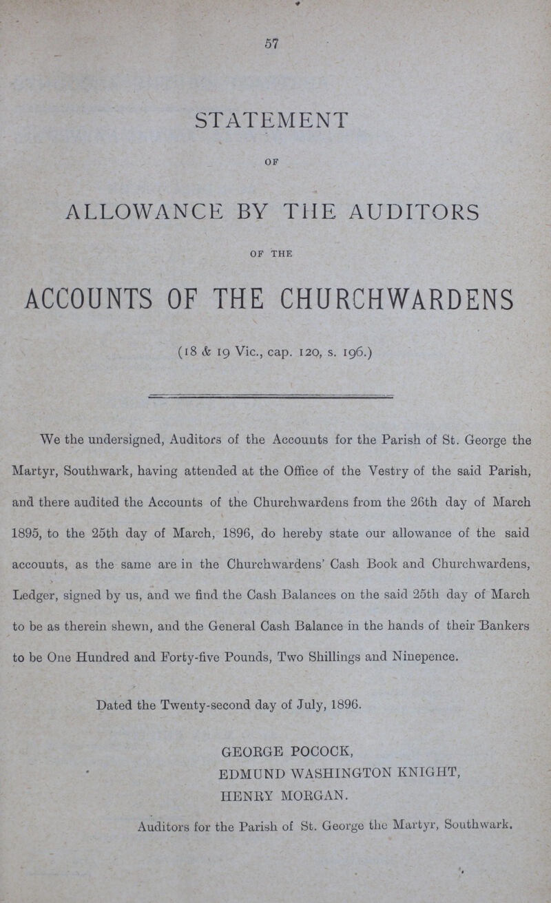 57 STATEMENT of ALLOWANCE BY THE AUDITORS of the ACCOUNTS OF THE CHURCHWARDENS (18 & 19 Vic., cap. 120, s. 196.) We the undersigned, Auditors of the Accounts for the Parish of St. George the Martyr, Southwark, having attended at the Office of the Vestry of the said Parish, and there audited the Accounts of the Churchwardens from the 26th day of March 1895, to the 25th day of March, 1896, do hereby state our allowance of the said accounts, as the same are in the Churchwardens' Cash Book and Churchwardens, Ledger, signed by us, and we find the Cash Balances on the said 25th day of March to be as therein shewn, and the General Cash Balance in the hands of their Bankers to be One Hundred and Forty-five Pounds, Two Shillings and Ninepence. Dated the Twenty-second day of July, 1896. GEORGE POCOCK, EDMUND WASHINGTON KNIGHT, HENRY MORGAN. Auditors for the Parish of St. George the Martyr, Southwark.