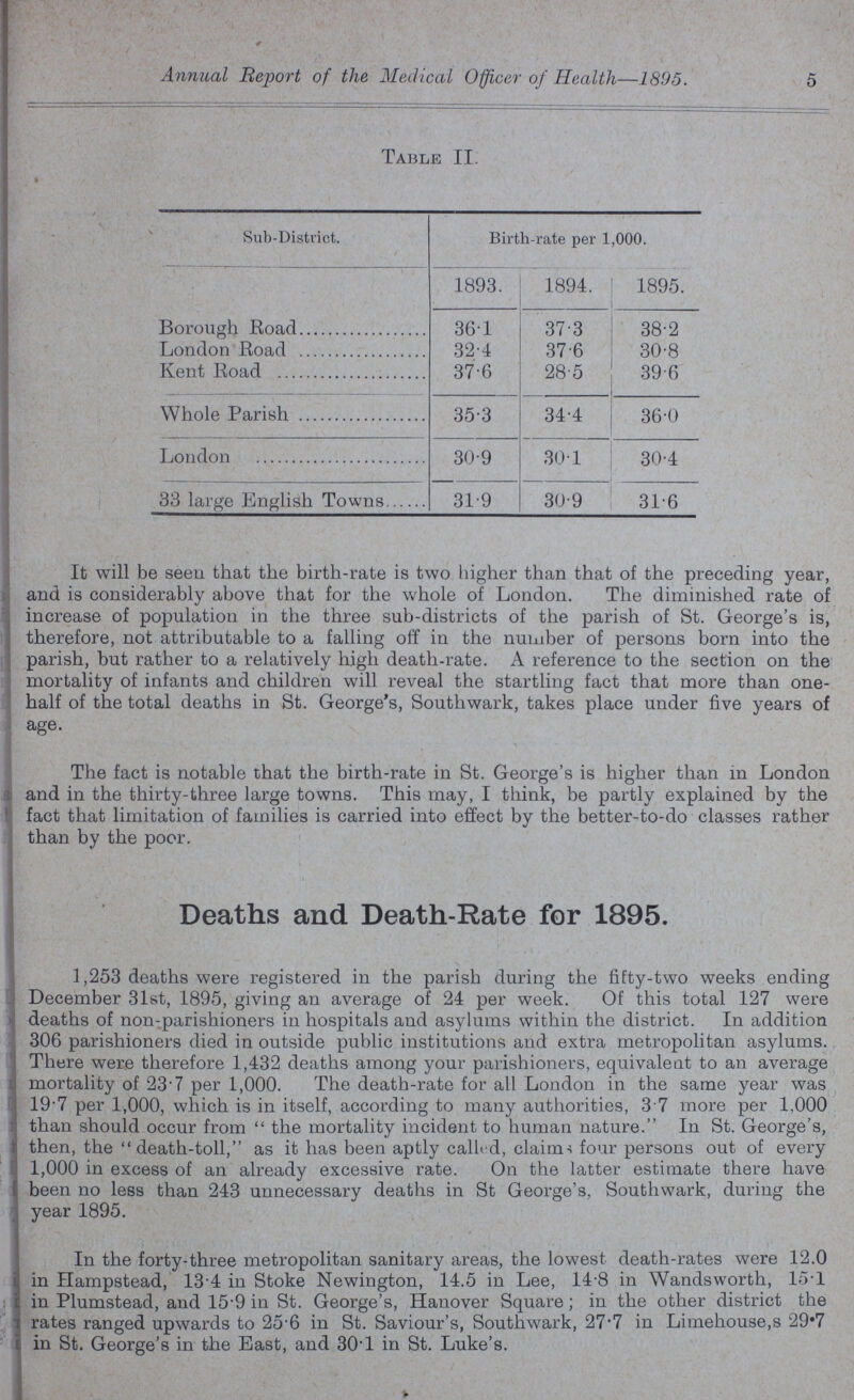5 Annual Report of the Medical Officer of Health—1895. Table II Sub-District. Birth-rate per 1,000. 1893. 1894. 1895. Borough Road 36.1 37.3 38.2 London Road 32.4 37.6 30.8 Kent Road 37.6 28.5 39.6 Whole Parish 35.3 34.4 36.0 London 30.9 30.1 30.4 33 large English Towns 31.9 30.9 31.6 It will be seen that the birth-rate is two higher than that of the preceding year, and is considerably above that for the whole of London. The diminished rate of increase of population in the three sub-districts of the parish of St. George's is, therefore, not attributable to a falling off in the number of persons born into the parish, but rather to a relatively high death-rate. A reference to the section on the mortality of infants and children will reveal the startling fact that more than one half of the total deaths in St. George's, Southwark, takes place under five years of age. The fact is notable that the birth-rate in St. George's is higher than in London and in the thirty-three large towns. This may, I think, be partly explained by the fact that limitation of families is carried into effect by the better-to-do classes rather than by the poor. Deaths and Death-Rate for 1895. 1,253 deaths were registered in the parish during the fifty-two weeks ending December 31st, 1895, giving an average of 24 per week. Of this total 127 were deaths of non-parishioners in hospitals and asylums within the district. In addition 306 parishioners died in outside public institutions and extra metropolitan asylums. There were therefore 1,432 deaths among your parishioners, equivalent to an average mortality of 23.7 per 1,000. The death-rate for all London in the same year was 19.7 per 1,000, which is in itself, according to many authorities, 3 7 more per 1.000 than should occur from the mortality incident to human nature. In St. George's, then, the death-toll, as it has been aptly called, claim-! four persons out of every 1,000 in excess of an already excessive rate. On the latter estimate there have been no less than 243 unnecessary deaths in St George's, Southwark, during the year 1895. In the forty-three metropolitan sanitary areas, the lowest death-rates were 12.0 in Hampstead, 13.4 in Stoke Newington, 14.5 in Lee, 14.8 in Wandsworth, 15.1 in Plumstead, and 159 in St. George's, Hanover Square; in the other district the rates ranged upwards to 25.6 in St. Saviour's, Southwark, 27.7 in Limehouse,s 29.7 in St. George's in the East, and 30.1 in St. Luke's.