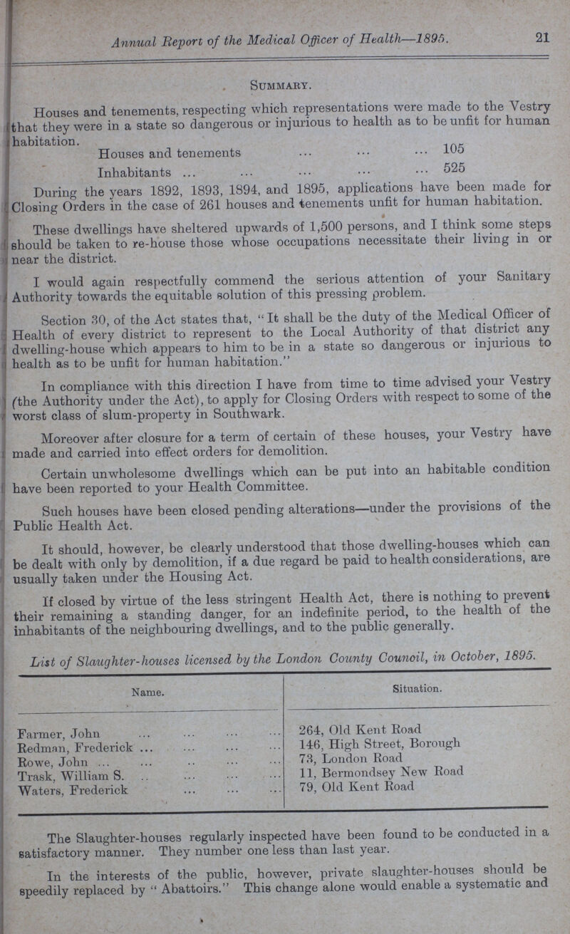 21 Annual Report of the Medical Officer of Health—1895. Summary. Houses and tenements, respecting which representations were made to the Vestry that they were in a state so dangerous or injurious to health as to be unfit for human habitation. Houses and tenements 105 Inhabitants 525 During the years 1892, 1893, 1894, and 1895, applications have been made for Closing Orders in the case of 261 houses and tenements unfit for human habitation. These dwellings have sheltered upwards of 1,500 persons, and I think some steps should be taken to re-house those whose occupations necessitate their living in or near the district. I would again respectfully commend the serious attention of your Sanitary Authority towards the equitable solution of this pressing problem. Section 30, of the Act states that,  It shall be the duty of the Medical Officer of Health of every district to represent to the Local Authority of that district any dwelling-house which appears to him to be in a state so dangerous or injurious tc health as to be unfit for human habitation. In compliance with this direction I have from time to time advised your Vestry (the Authority under the Act), to apply for Closing Orders with respect to some of the worst class of slum-property in Southwark. Moreover after closure for a term of certain of these houses, your Vestry have made and carried into effect orders for demolition. Certain unwholesome dwellings which can be put into an habitable condition have been reported to your Health Committee. Such houses have been closed pending alterations—under the provisions of the Public Health Act. It should, however, be clearly understood that those dwelling-houses which can be dealt with only by demolition, if a due regard be paid to health considerations, are usually taken under the Housing Act. If closed by virtue of the less stringent Health Act, there is nothing to prevent their remaining a standing danger, for an indefinite period, to the health of the inhabitants of the neighbouring dwellings, and to the public generally. List of Slaughter-houses licensed by the London County Council, in October, 1895. Name. Situation. Farmer, John 264, Old Kent Road Redman, Frederick 146, High Street, Borough Rowe, John 73, London Road Trask, William S. 11, Bermondsey New Road Waters, Frederick 79, Old Kent Road The Slaughter-houses regularly inspected have been found to be conducted in a satisfactory manner. They number one less than last year. In the interests of the public, however, private slaughter-houses should be speedily replaced by  Abattoirs. This change alone would enable a systematic and