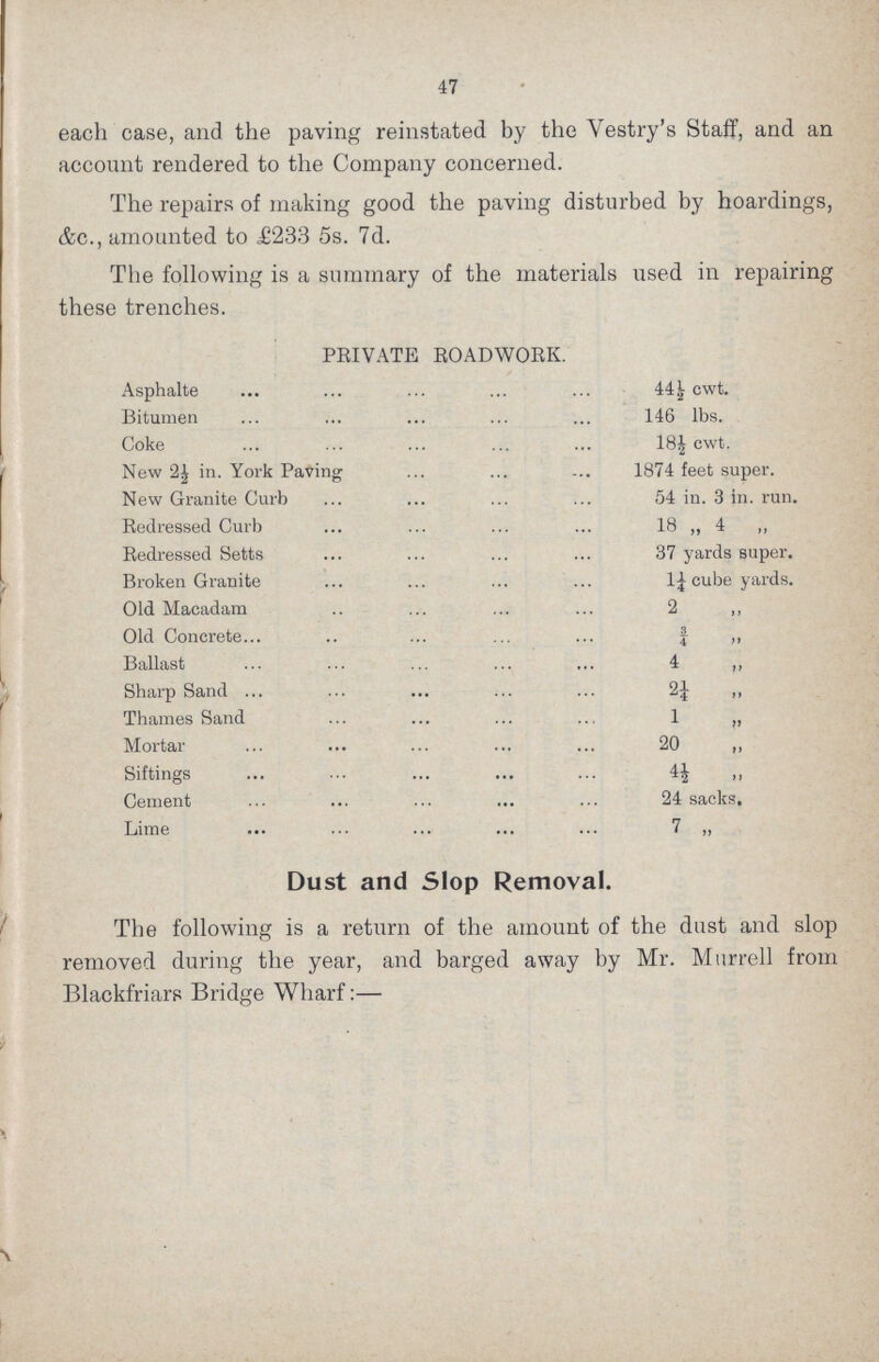 47 each case, and the paving reinstated by the Vestry's Staff, and an account rendered to the Company concerned. The repairs of making good the paving disturbed by hoardings, &c., amounted to £233 5s. 7d. The following is a summary of the materials used in repairing these trenches. PRIVATE ROADWORK. Asphalte 44½ cwt. Bitumen 146 lbs. Coke 18£ cwt. New 2 in. York Paving 1874 feet super. New Granite Curb 54 in. 3 in. run. Redressed Curb 18 ,, 4 „ Redressed Setts. 37 yards super. Broken Granite 1¼ cube yards. Old Macadam 2 „ Old Concrete ¾ ,, Ballast 4 ,, Sharp Sand 2¼ ,, Thames Sand 1 „ Mortar 20 ,, Siftings 4½ ,, Cement 24 sacks. Lime 7 „ Dust and Slop Removal. The following is a return of the amount of the dust and slop removed during the year, and barged away by Mr. Mtirrell from Blackfriars Bridge Wharf:—
