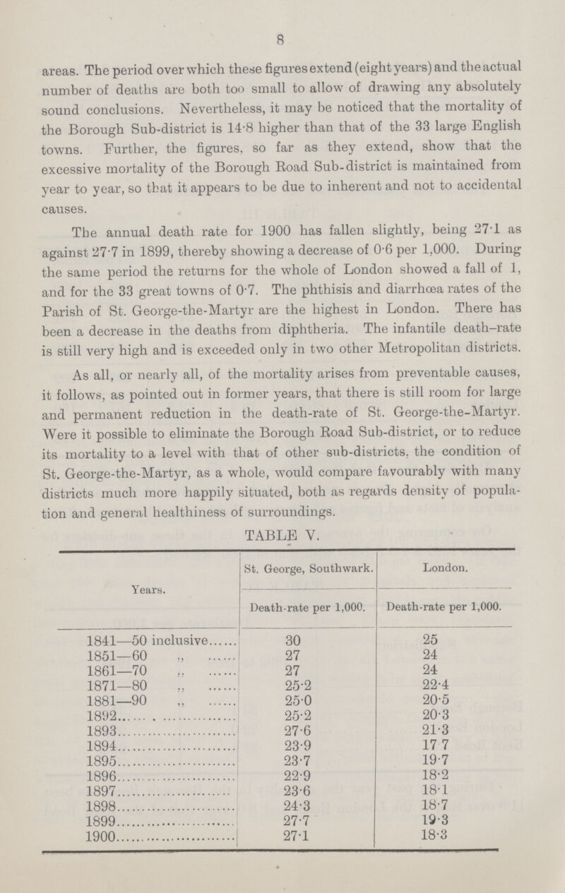 8 areas. The period over which these figures extend (eight years) and the actual number of deaths are both too small to allow of drawing any absolutely sound conclusions. Nevertheless, it may be noticed that the mortality of the Borough Sub-district is 14.8 higher than that of the 33 large English towns. Further, the figures, so far as they extend, show that the excessive mortality of the Borough Road Sub-district is maintained from year to year, so that it appears to be due to inherent and not to accidental causes. The annual death rate for 1900 has fallen slightly, being 271 as against 27.7 in 1899, thereby showing a decrease of 0.6 per 1,000. During the same period the returns for the whole of London showed a fall of 1, and for the 33 great towns of 0.7. The phthisis and diarrhoea rates of the Parish of St. George-the-Martyr are the highest in London. There has been a decrease in the deaths from diphtheria. The infantile death-rate is still very high and is exceeded only in two other Metropolitan districts. As all, or nearly all, of the mortality arises from preventable causes, it follows, as pointed out in former years, that there is still room for large and permanent reduction in the death-rate of St. George-the-Martyr. Were it possible to eliminate the Borough Road Sub-district, or to reduce its mortality to a level with that of other sub-districts, the condition of St. George-the-Martyr, as a whole, would compare favourably with many districts much more happily situated, both as regards density of popula tion and general healthiness of surroundings. TABLE V. Years. St. George, Southwark. London. Death-rate per 1,000. Death-rate per 1,000. 1841—50 inclusive 30 25 1851—60 27 24 1861—70 27 24 1871—80 25.2 22.4 1881—90 25.0 20.5 1892 25.2 20.3 1893 27.6 21.3 1894 23.9 17.7 1895 23.7 19.7 1896 22.9 18.2 1897 23.6 18.1 1898 24.3 18.7 1899 27.7 19.3 1900 27.1 18.3