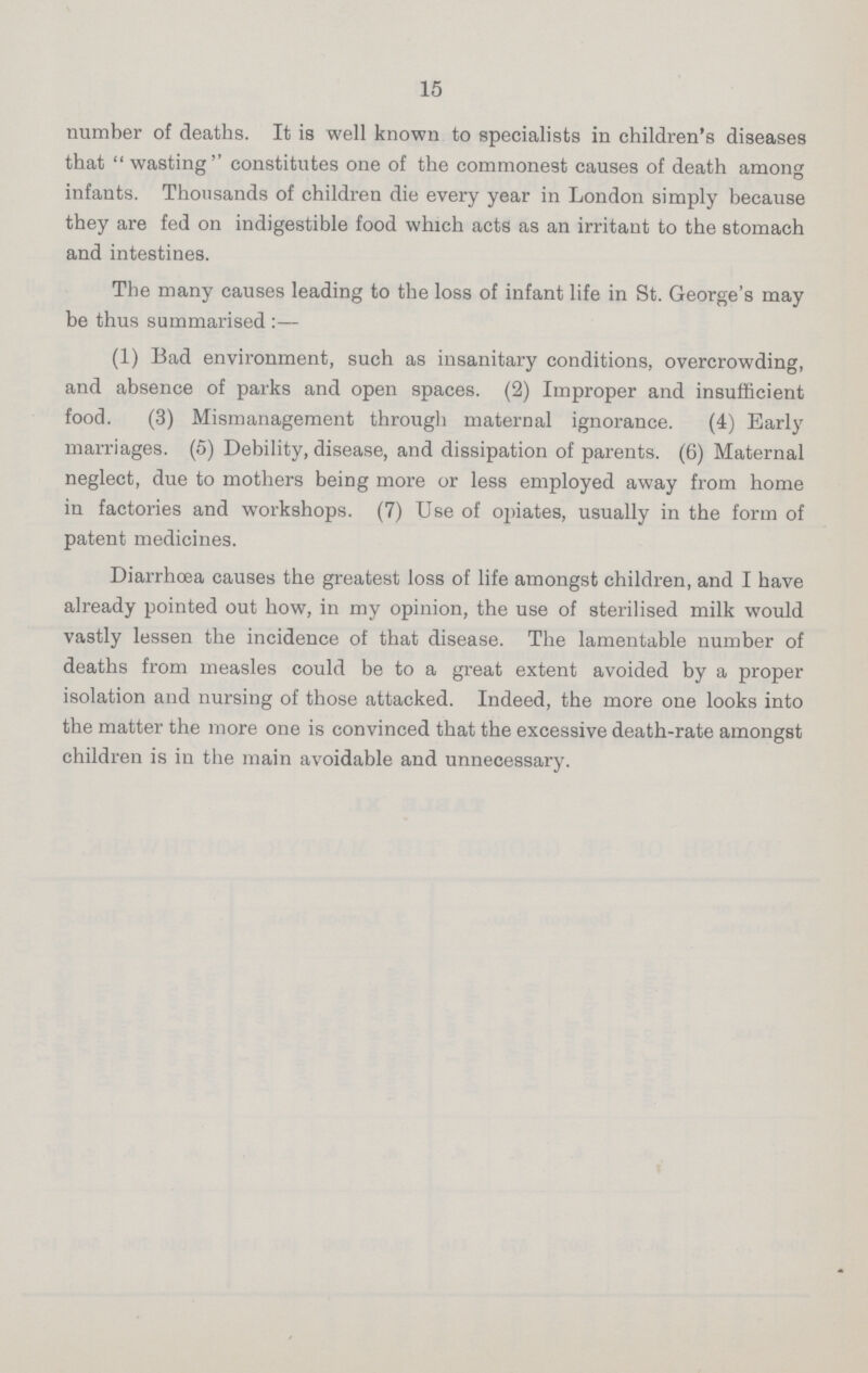 15 number of deaths. It is well known to specialists in children's diseases that wasting constitutes one of the commonest causes of death among infants. Thousands of children die every year in London simply because they are fed on indigestible food which acts as an irritant to the stomach and intestines. The many causes leading to the loss of infant life in St. George's may be thus summarised :— (1) Bad environment, such as insanitary conditions, overcrowding, and absence of parks and open spaces. (2) Improper and insufficient food. (3) Mismanagement through maternal ignorance. (4) Early marriages. (5) Debility, disease, and dissipation of parents. (6) Maternal neglect, due to mothers being more or less employed away from home in factories and workshops. (7) Use of opiates, usually in the form of patent medicines. Diarrhoea causes the greatest loss of life amongst children, and I have already pointed out how, in my opinion, the use of sterilised milk would vastly lessen the incidence of that disease. The lamentable number of deaths from measles could be to a great extent avoided by a proper isolation and nursing of those attacked. Indeed, the more one looks into the matter the more one is convinced that the excessive death-rate amongst children is in the main avoidable and unnecessary.