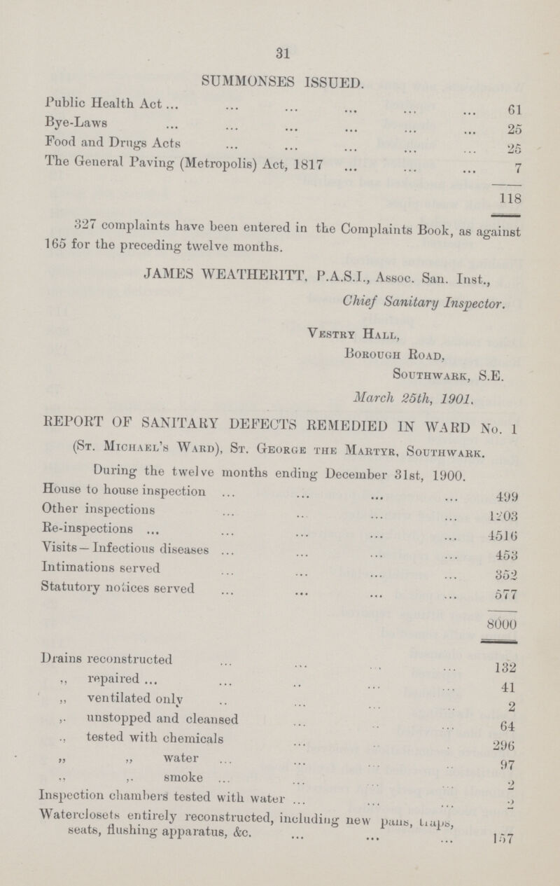 31 SUMMONSES ISSUED. Public Health Act 61 Bye-Laws 25 Food and Drugs Acts 25 The General Paving (Metropolis) Act, 1817 7 118 327 complaints have been entered in the Complaints Book, as against 165 for the preceding twelve months. JAMES WEATHERITT, P.A.S.I., Assoc. San. Inst., Chief Sanitary Inspector. Vestry Hall, Borough Road, Southwabk, S.E. March 25th, 1901. REPORT OF SANITARY DEFECTS REMEDIED IN WARD No. 1 (St. Michael's Ward), St. George the Martyr, Southwabk. During the twelve months ending December 31st, 1900. House to house inspection 499 Other inspections 1203 Re-inspections 4516 Visits—Infectious diseases 453 Intimations served 352 Statutory notices served 577 8000 Drains reconstructed 132 ,, repaired 41 „ ventilated only 2 ,. unstopped and cleansed 64 ., tested with chemicals 296 „ „ water 97 ,, smoke 2 Inspection chambers tested with water 2 Waterclosets entirely reconstructed, including new pans, lamps, seats, flushing apparatus, &c. 167